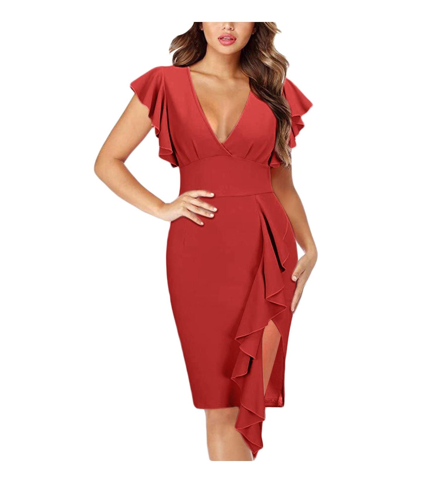 Briskyry V-Neck Floral Knee-Length Business Dresses for Women - Elegant Summer Party Dress with Ruffled Hems | Vintage XL Orange - Buy Online on GoSupps.com