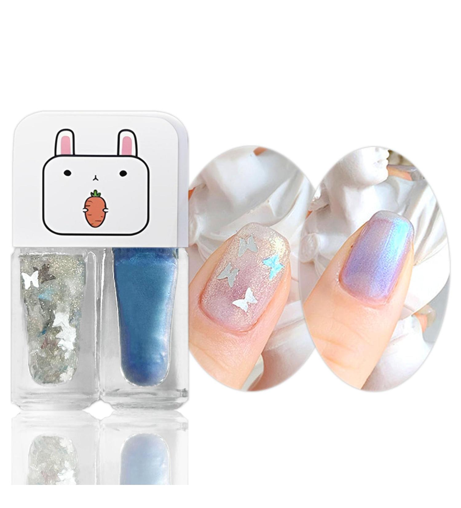Pearl White Glitter Nail Polish Set Holographic Bule 2 in 1 Quick Dry Varnish Polish Set Silver Shimmer Mermaid Shell No Need Cure Nail Gel Long Lasting Cute DIY Nail Art at Home Gift for Girls - Buy Online on GoSupps.com