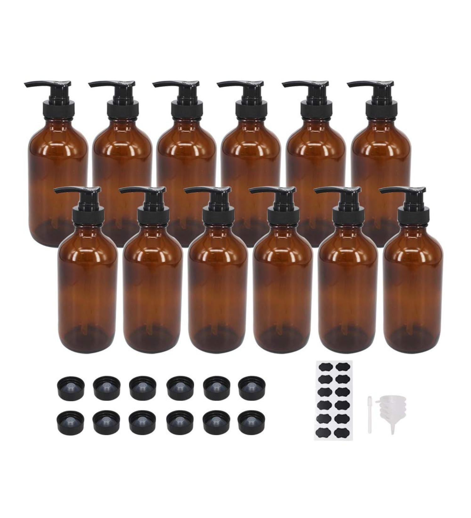 12 Pack 8 oz Amber Glass Pump Bottles for Essential Oils, Lotions & Cleaning Products | Refillable Containers with Labels & Funnel - 12Pack - Buy Online on GoSupps.com