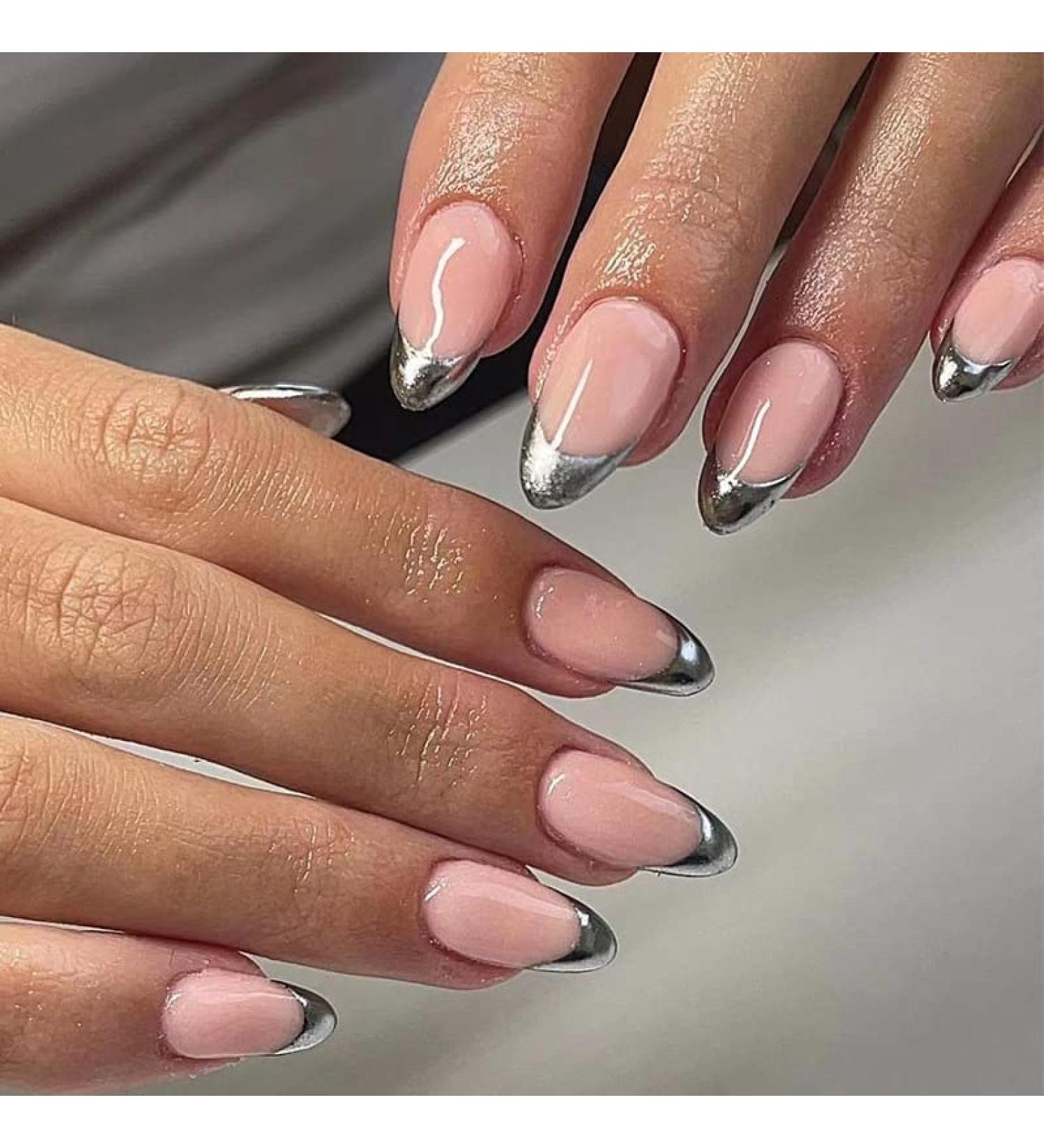 French Tip Press on Nails - Short point Press On Nails with Nail Tips Silver edged Design Glossy pink press on nails Acrylic False Nails Cute Artificial Nails - Buy Online on GoSupps.com