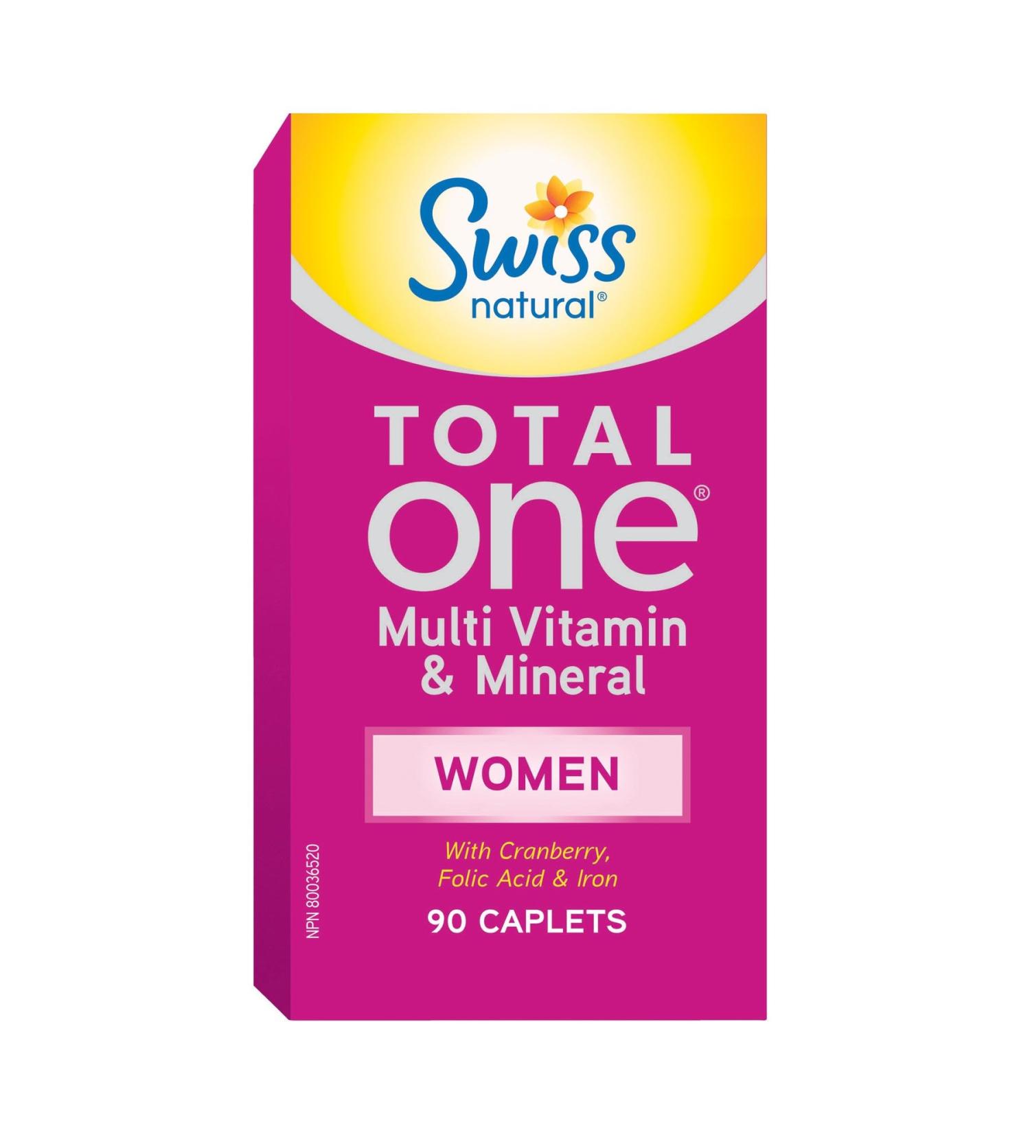 Swiss Natural Total One Multi Vitamin & Mineral | Women | With Cranberry Folic Acid and Iron | Daily Maintenance for Overall Health | No Preservatives or Dairy | 90 Caplets - Buy Online on GoSupps.com