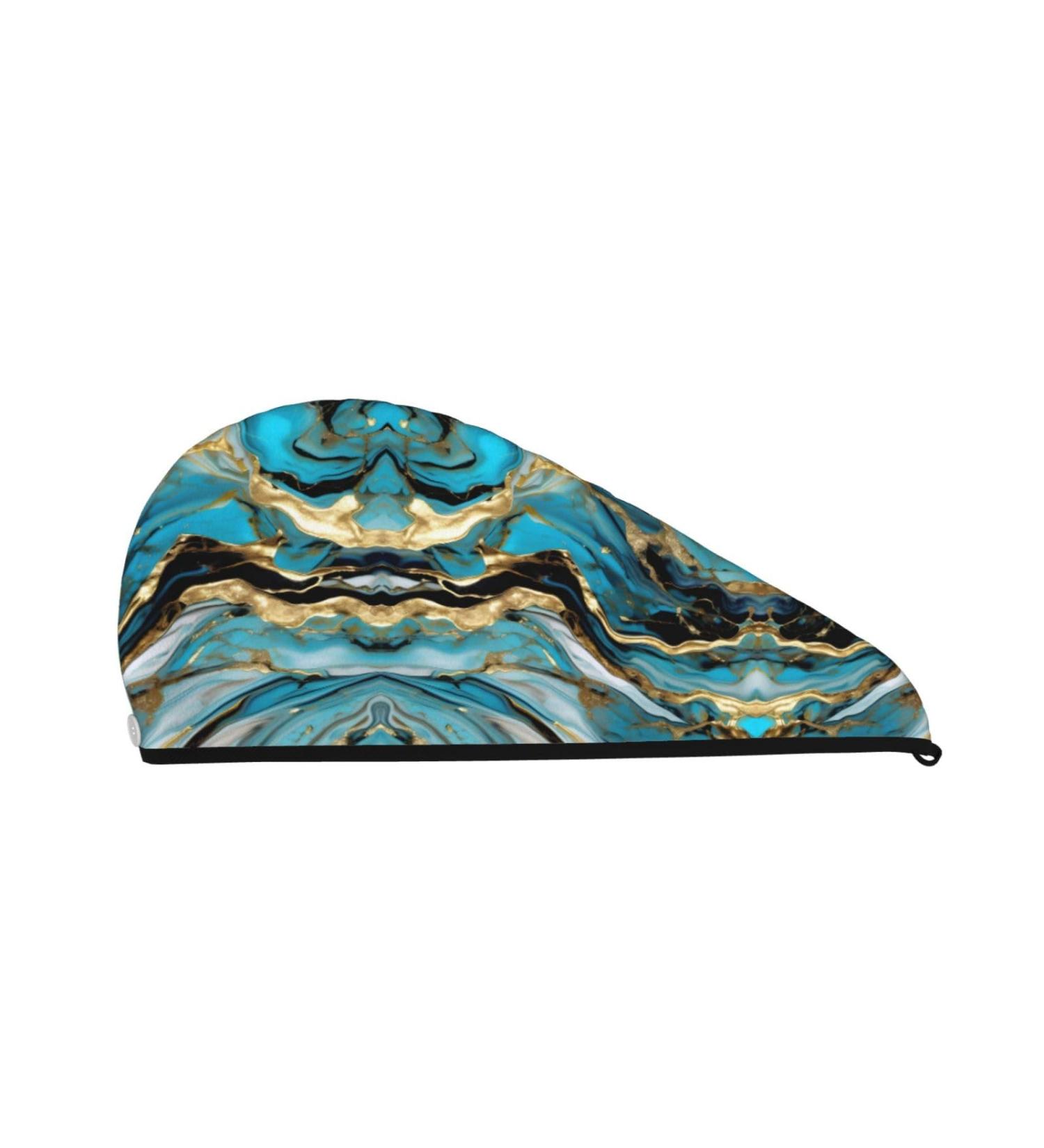 Turquoise Blue Gold Marble Velvet Hair Cap - Quick-Dry Hair Towel Wrap for Men & Women | Travel & Home Use - Buy Online on GoSupps.com