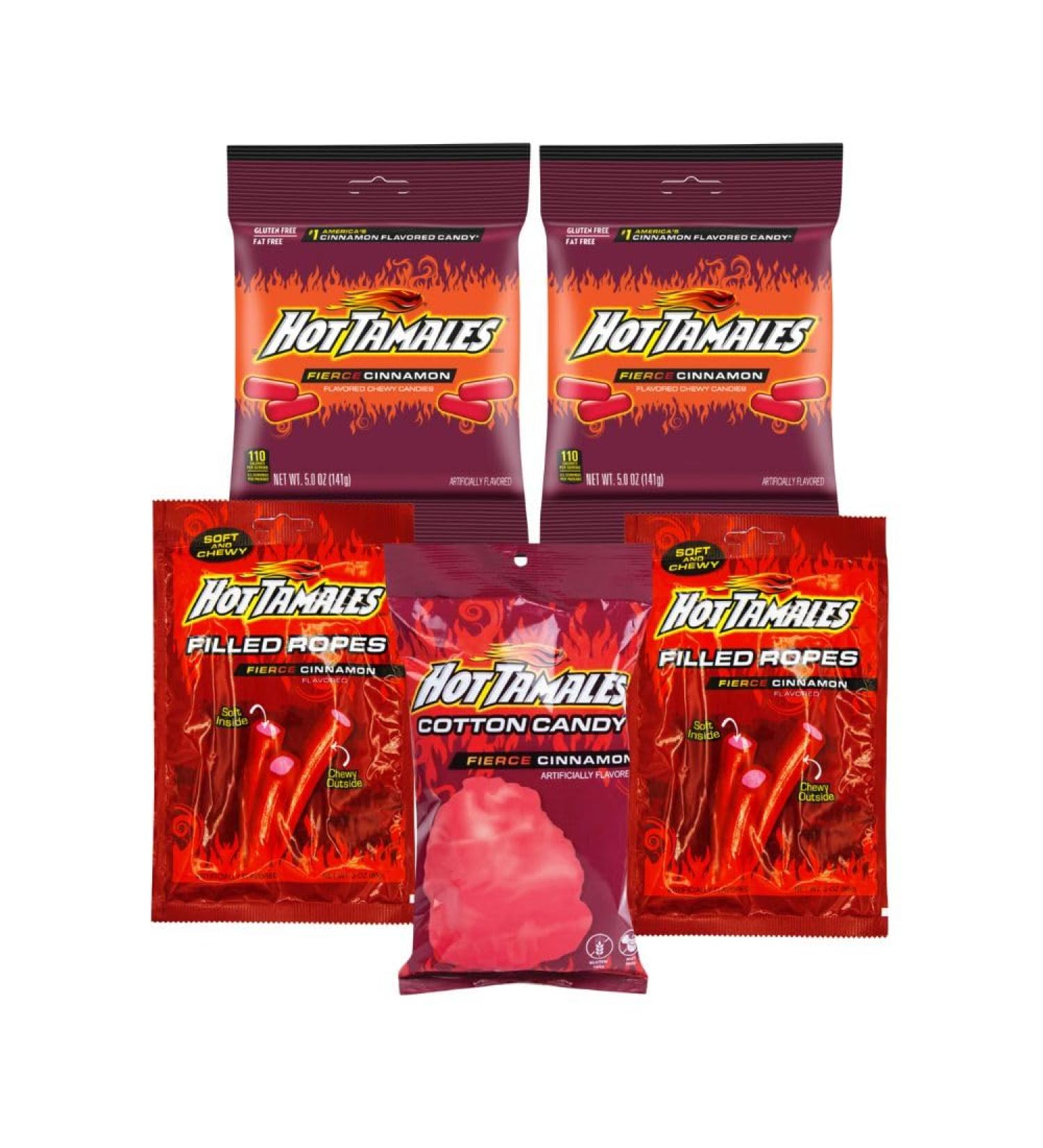 Hot-Tamales Candy with Fierce Cinnamon Flavor Candy Snacks Filled Ropes Flavored Chewy Candies and Cotton Candy Soft and Chewy (Pack of 05)