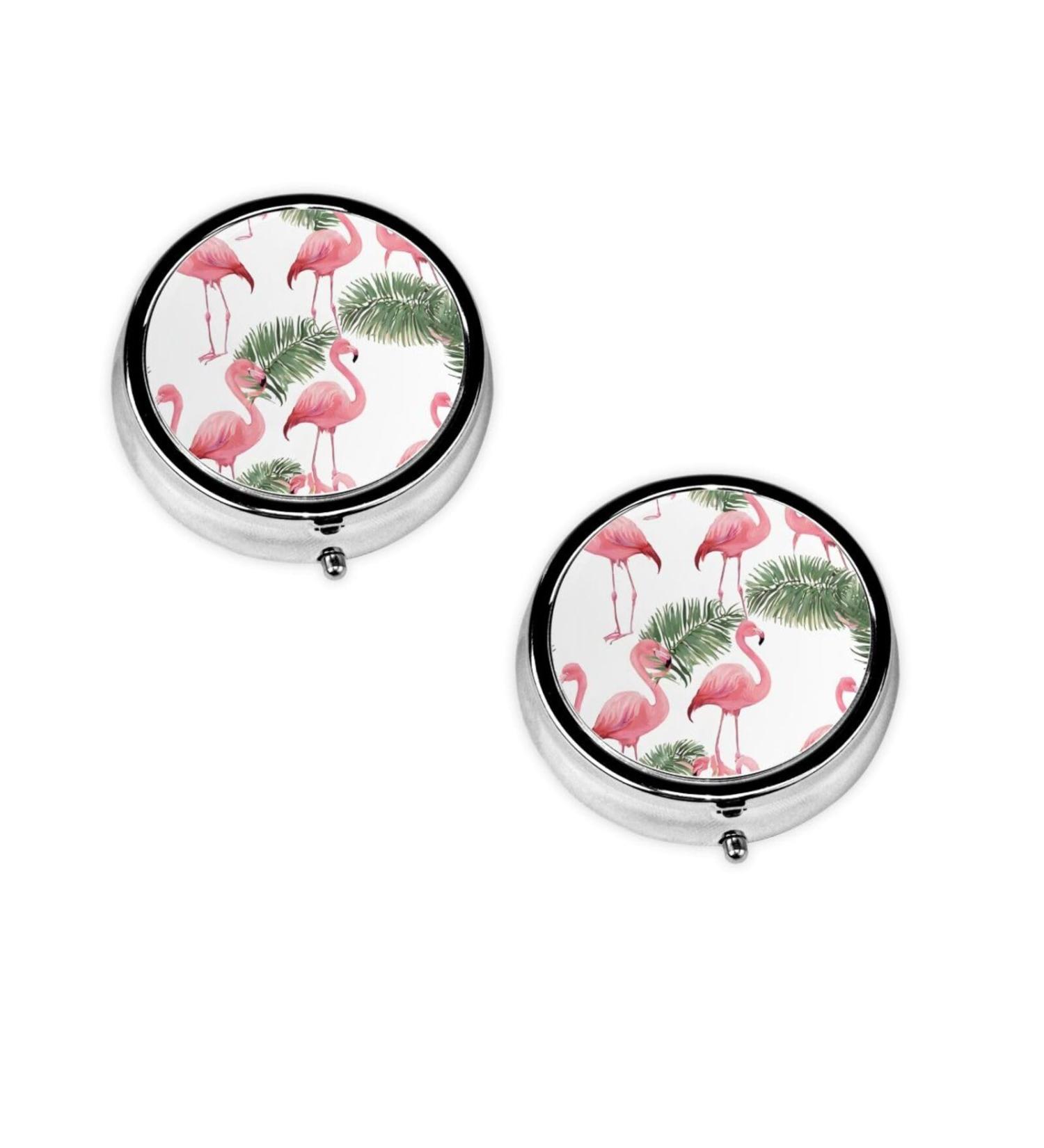 Flamingo Flowers Mini Round Pill Box - 3 Compartment Travel Pill Organizer | Portable Medicine Case for Pocket Home & Office - Buy Online on GoSupps.com