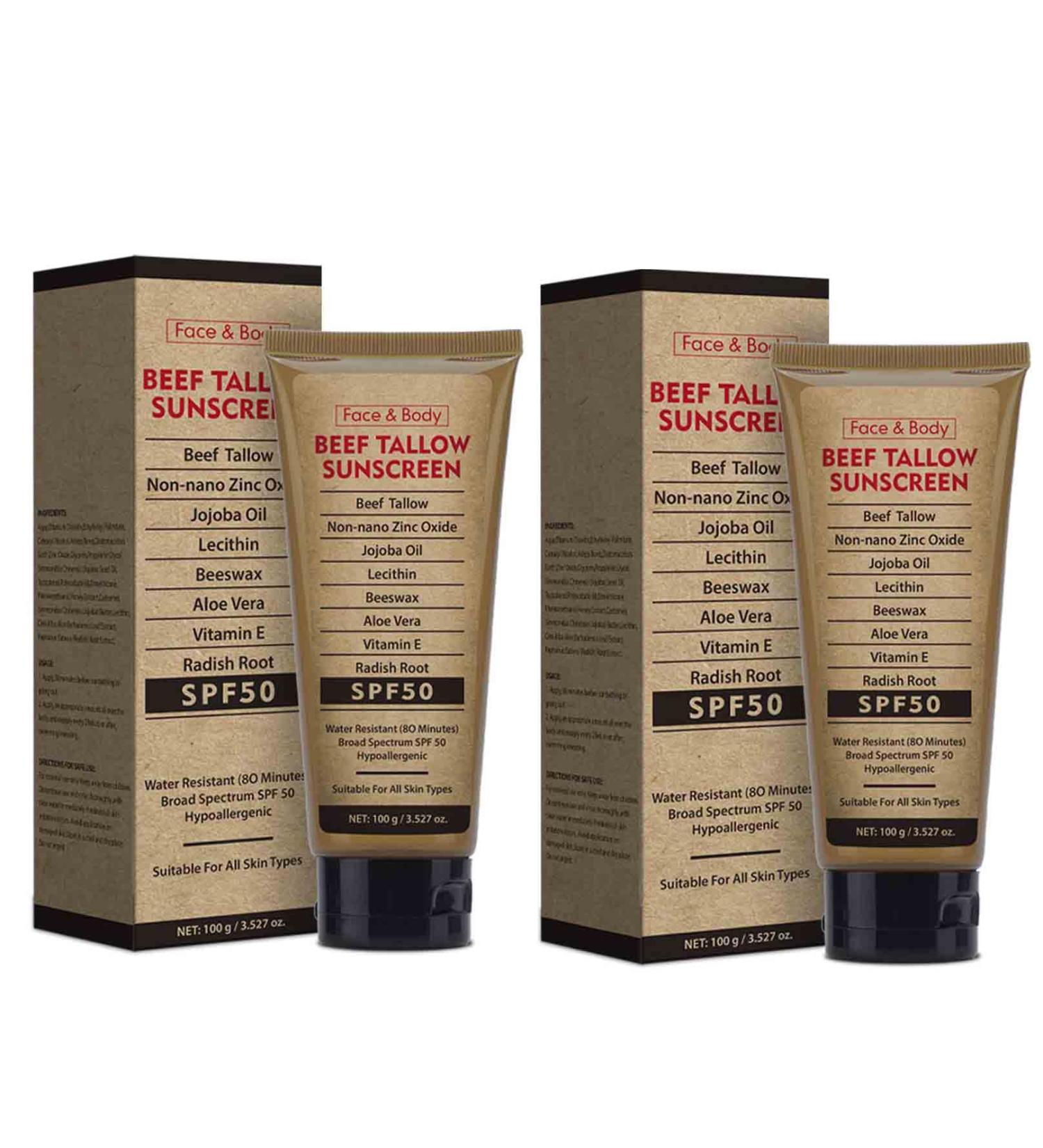 2PCS Organic Grass-Fed Beef Tallow Sunscreen SPF50 Face & Body Sunscreen Waterproof and Sweat-proof Non-Greasy Formula for Face and Body - Buy Online on GoSupps.com