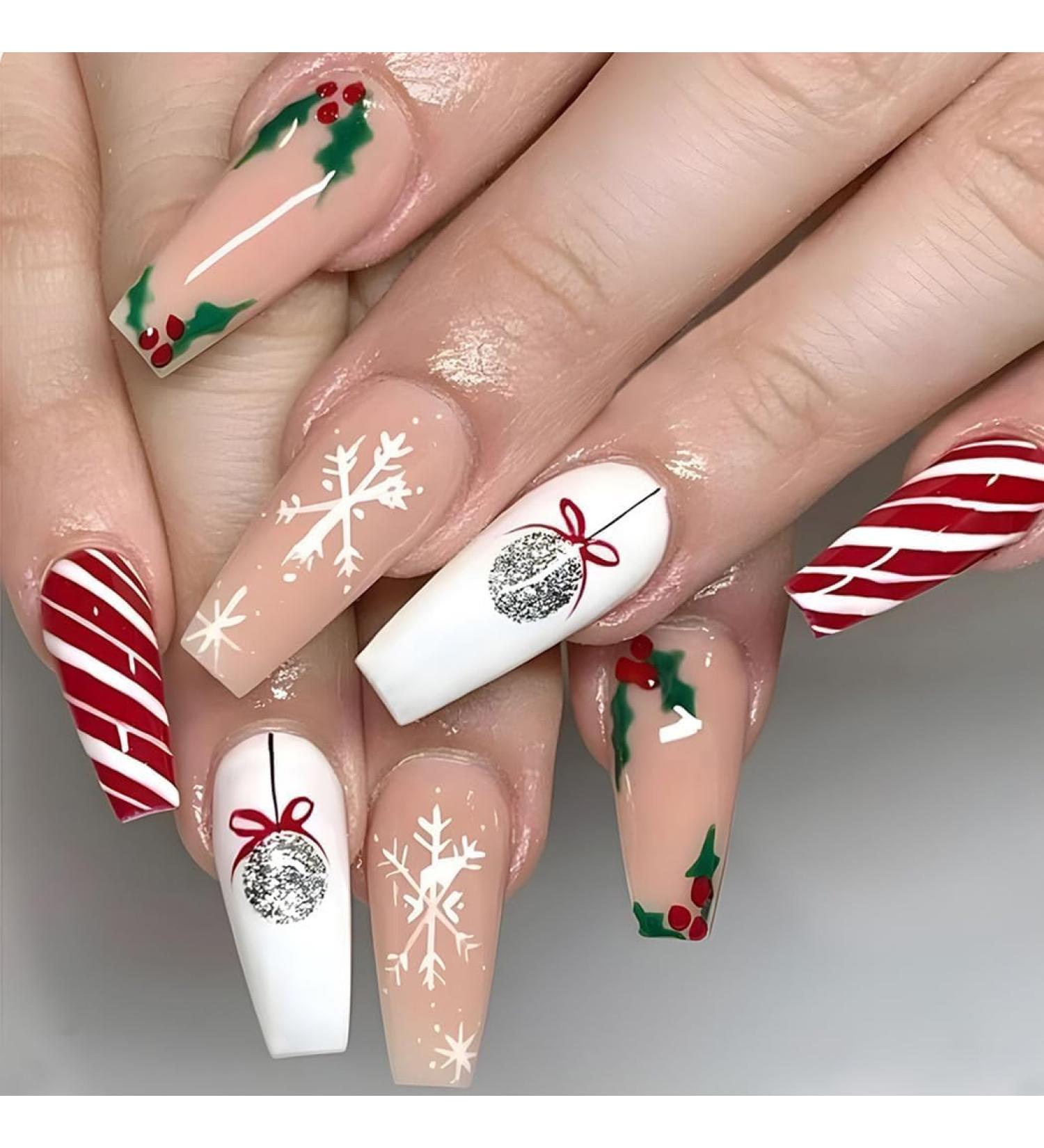 Christmas False Nails Snowflake Press on Nails Elk Stick on Nails Red Long Fake Nails Full Cover Nails Tips 24pcs for Women and Girls With solid glue nail lamp (Size : 9) - Buy Online on GoSupps.com