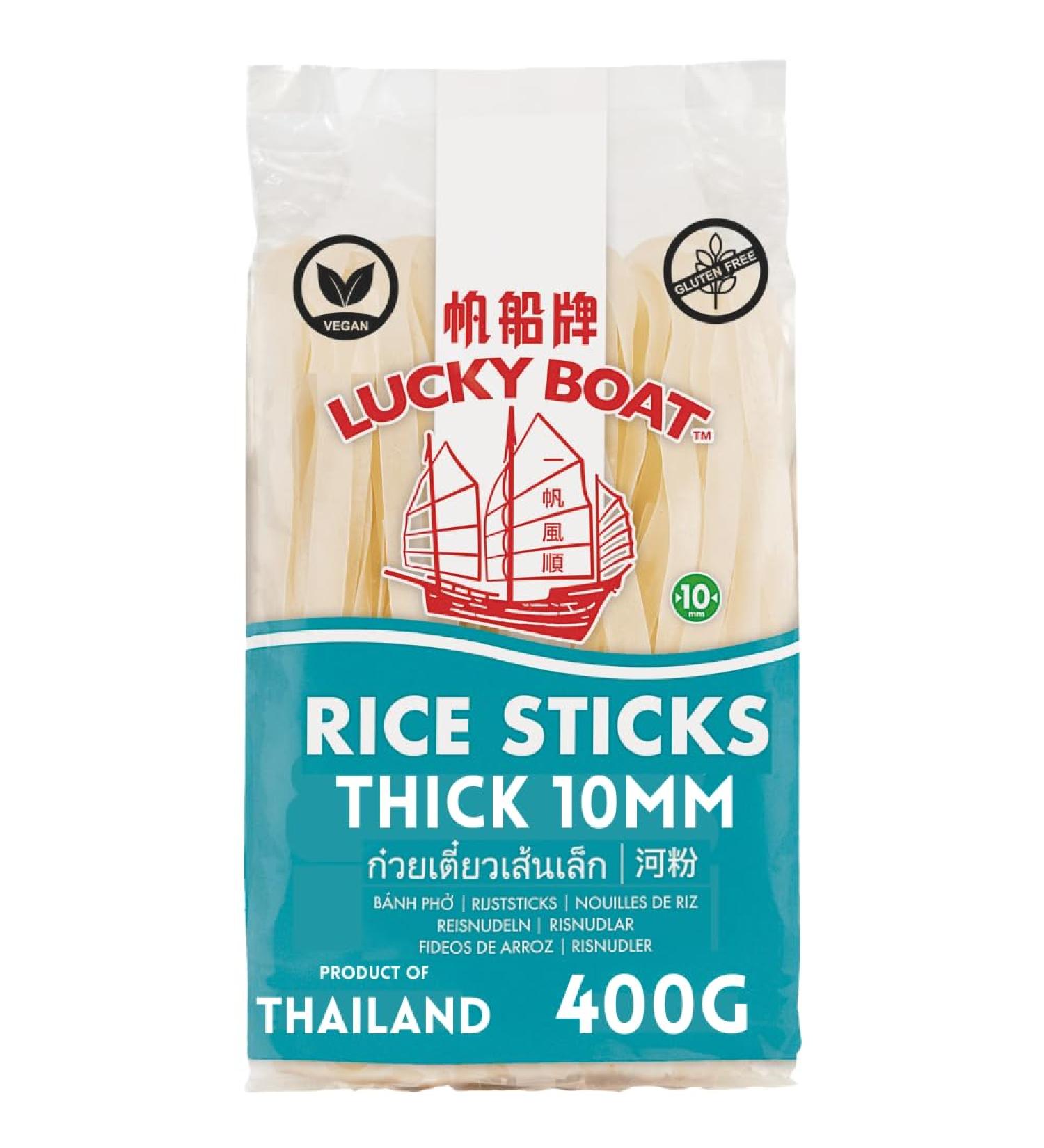 Lucky Boat Rice Noodle 400g - Thick 10mm Pad Thai Style Gluten Free Noodles for Stir Fry | Thai, Chinese, Asian Ingredients Included - Buy Online on GoSupps.com
