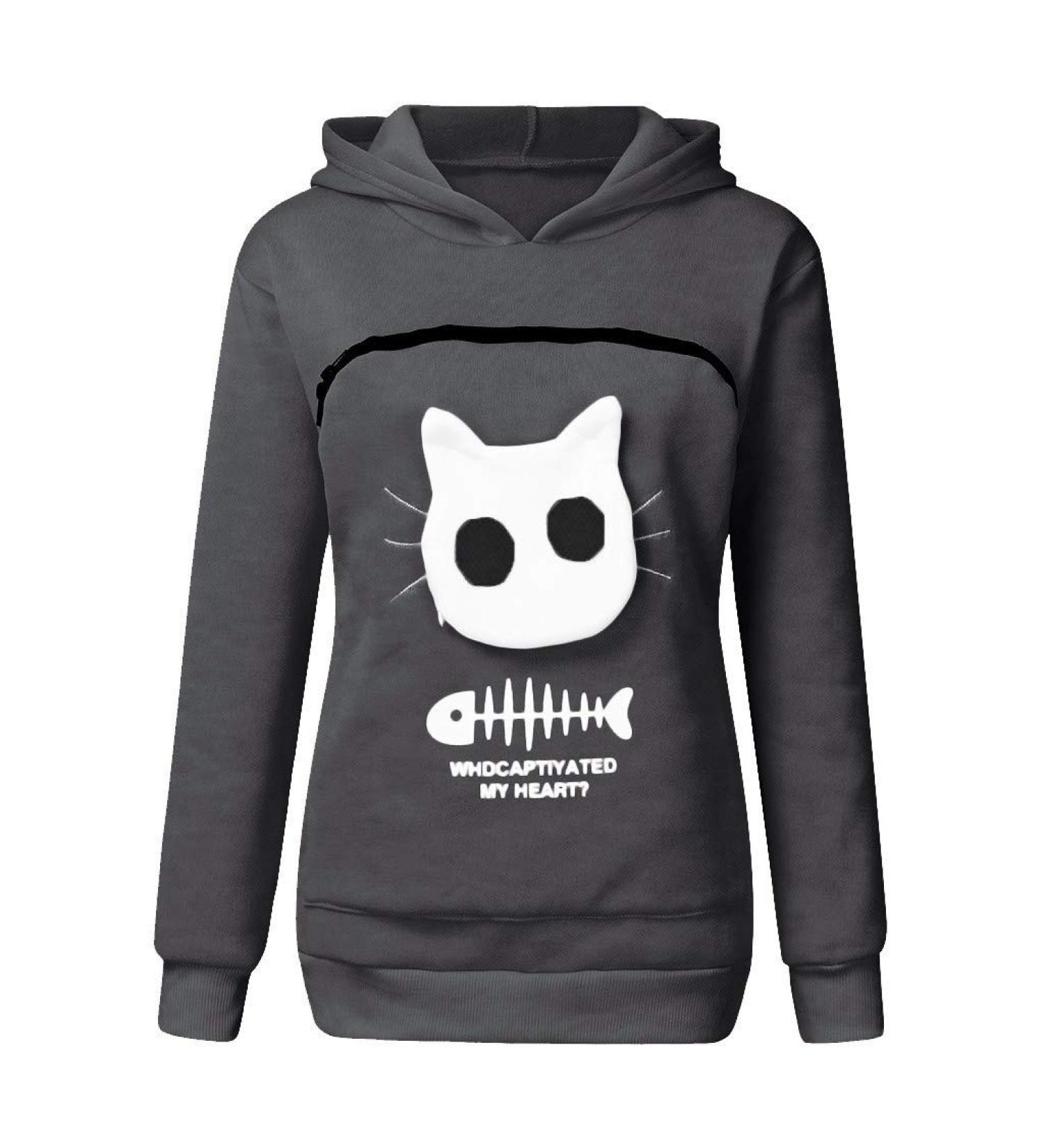 Shop Women's Long Sleeve Cat & Dog Hoodie Sweater with Big Bag - Warm & Stylish Dark Gray Sweatshirt - Buy Online on GoSupps.com
