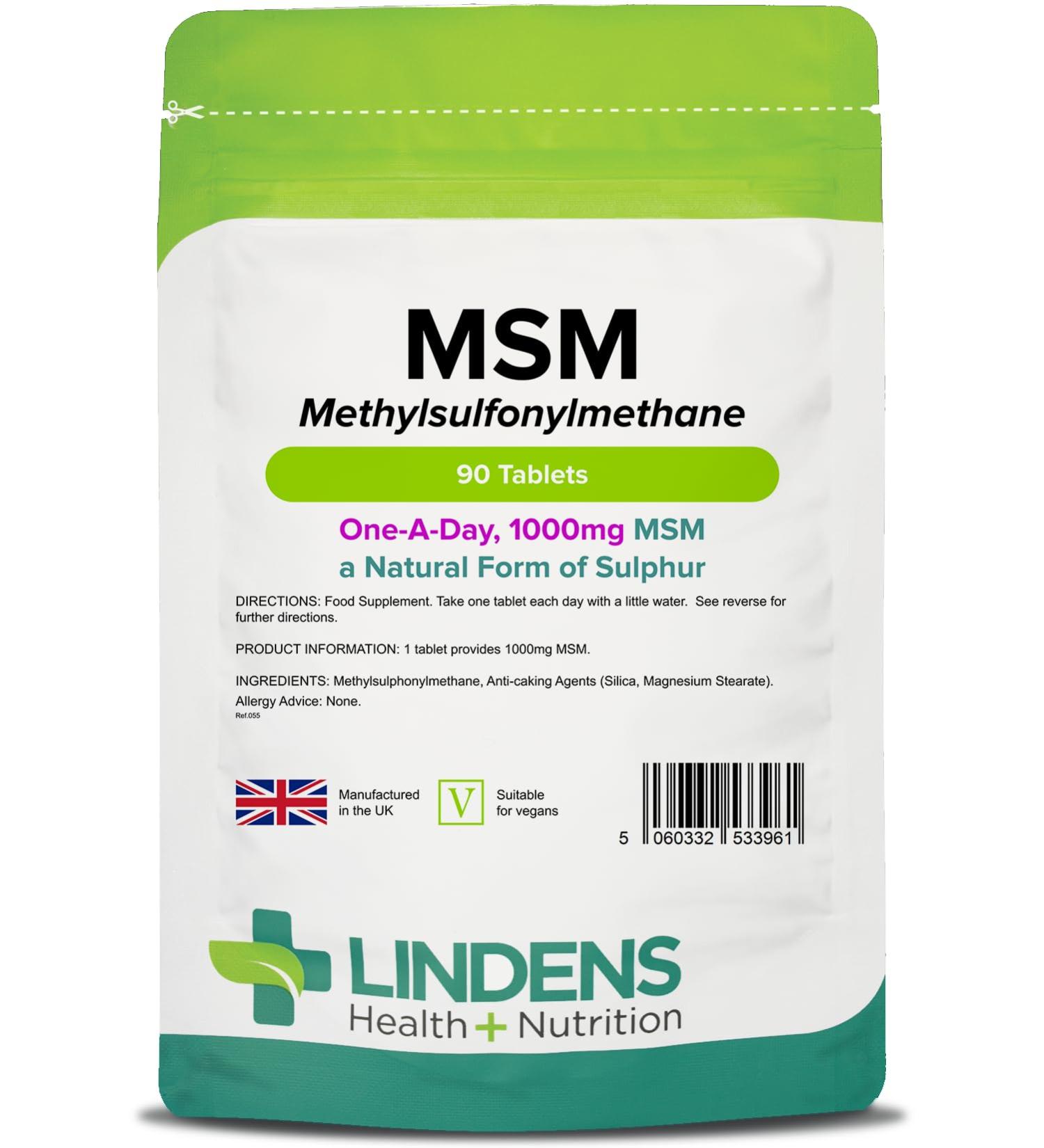 Lindens MSM 1000mg - 90 Vegan Tablets | Joint Support & Care Supplements | Rich in Sulphur | Natural Sulfur (MSM) | UK Made | Letterbox Friendly - Buy Online on GoSupps.com