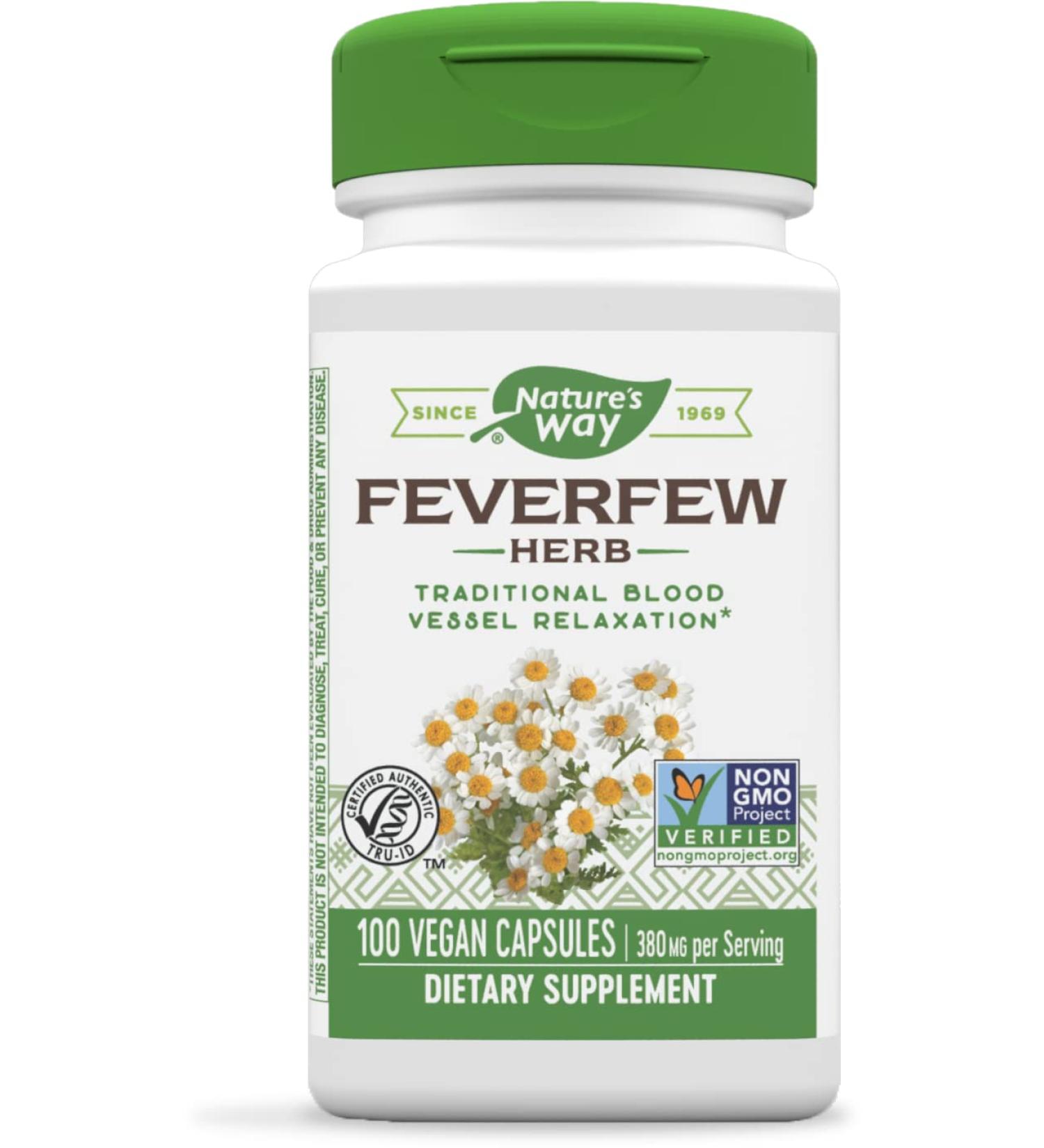 Nature's Way Feverfew Herb 380mg Vegan Capsules - Traditional Blood Vessel Relaxation - 100 Count - Buy Online on GoSupps.com