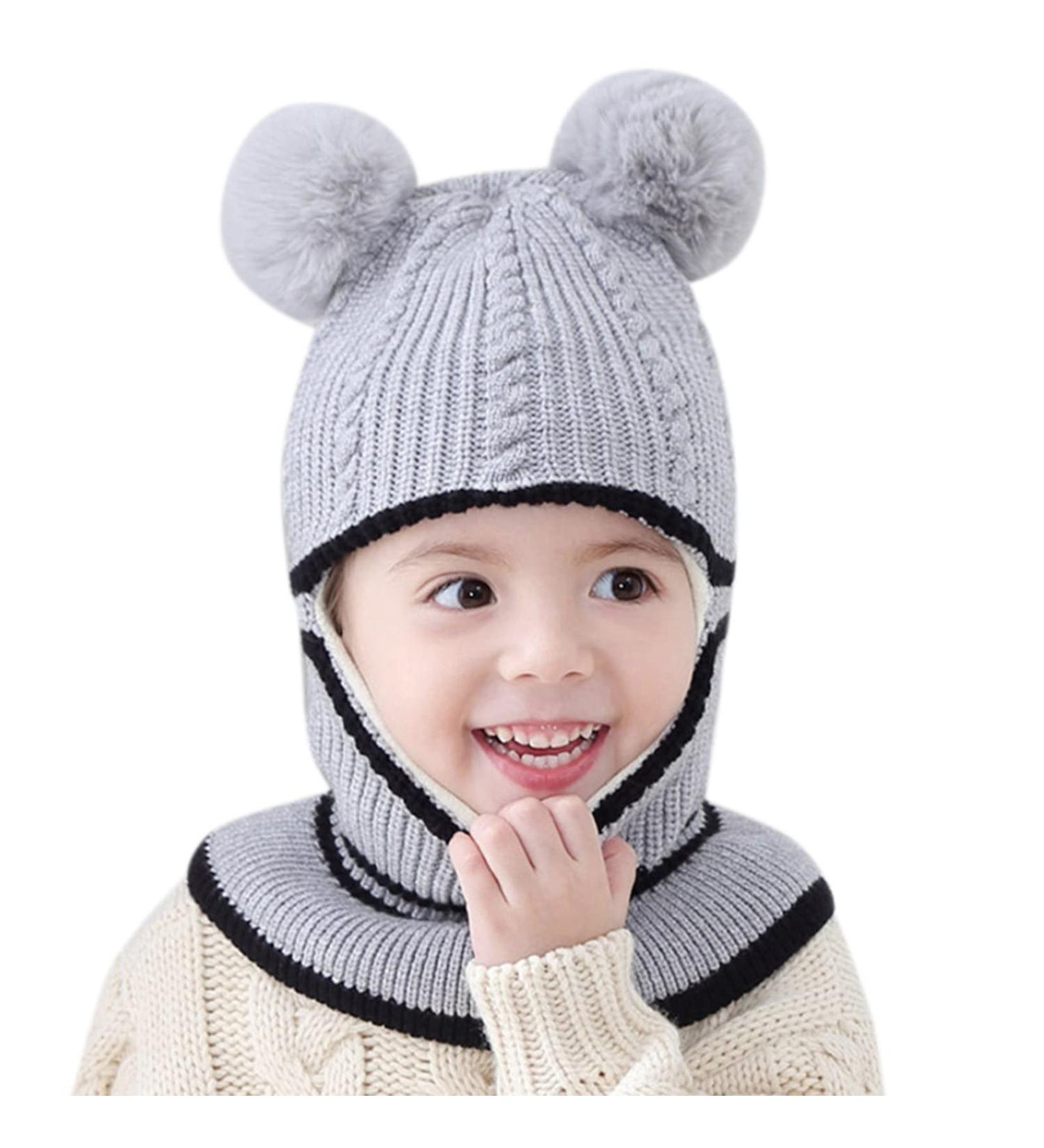Cute Small Bear Baby Balaclava Hat with Double Pom Pom Design - Buy Online on GoSupps.com