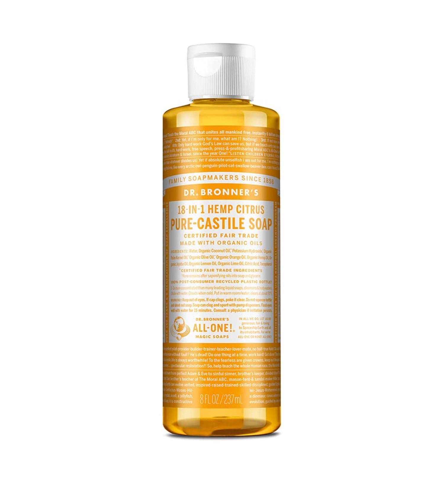 Dr. Bronner's Pure-Castile Liquid Soap (Citrus, 8 oz) - Organic Oil Blend - 18-in-1 Uses - Face, Body, Hair, Laundry, Pets, Dishes - Vegan & Non-GMO - Concentrated Formula - 1 Pack - Buy Online on GoSupps.com