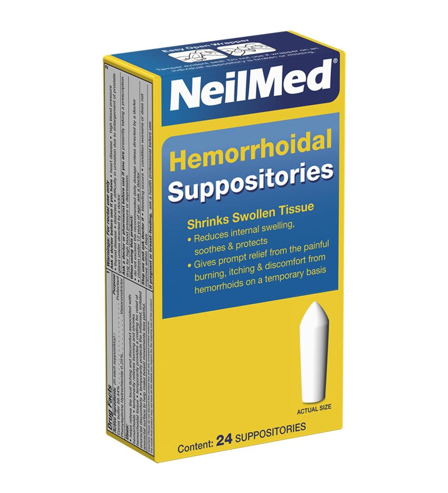 NeilMed Hemorrhoidal Suppositories Shrinks Swollen Tissue Relief from Burning Itching and Discomfort of Hemorrhoids 24 Count - Buy Online on GoSupps.com