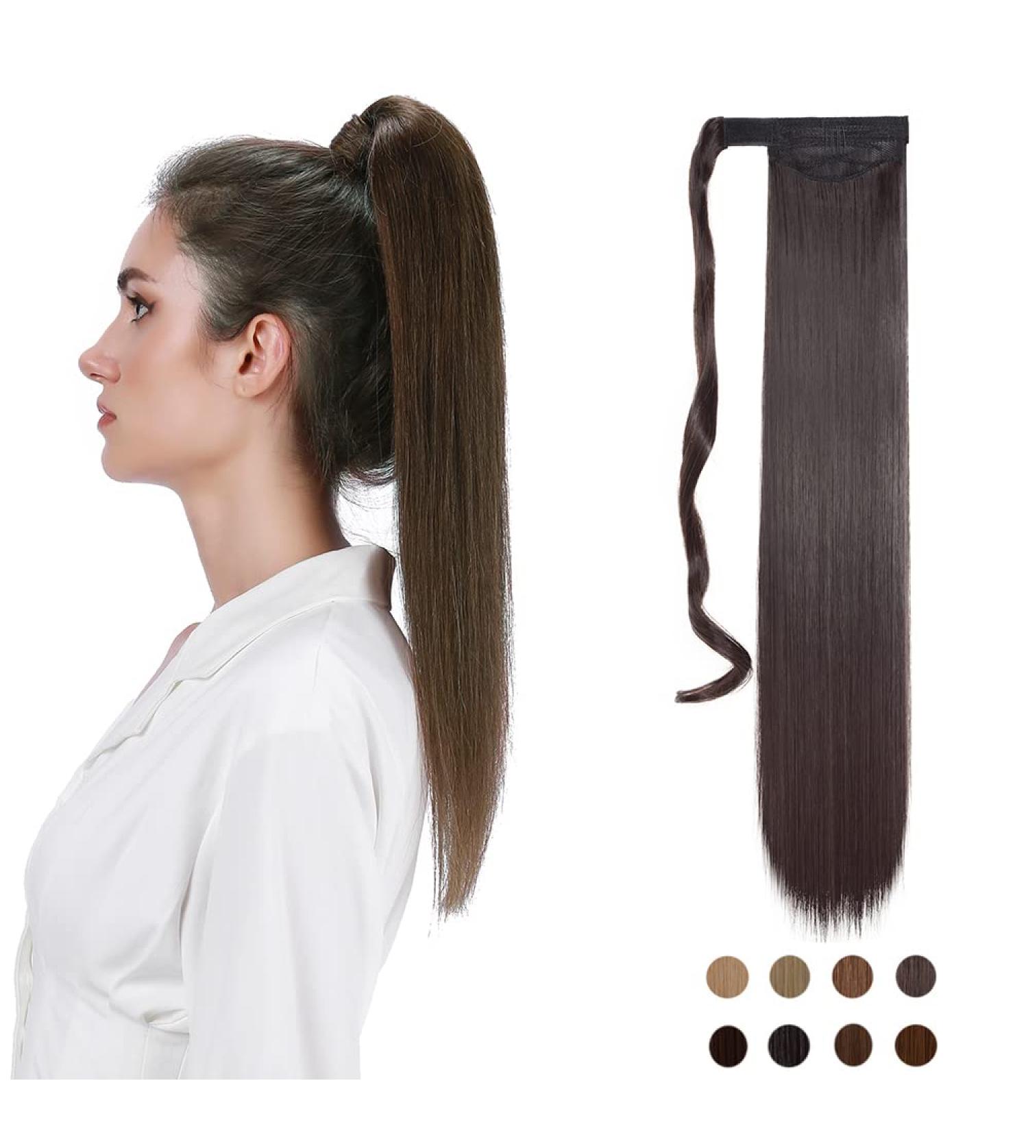 24 Inch Ombre Dark Brown Synthetic Wrap Around Ponytail Extension - Stylish Magic Paste Straight Hair Ponytail - Buy Online on GoSupps.com