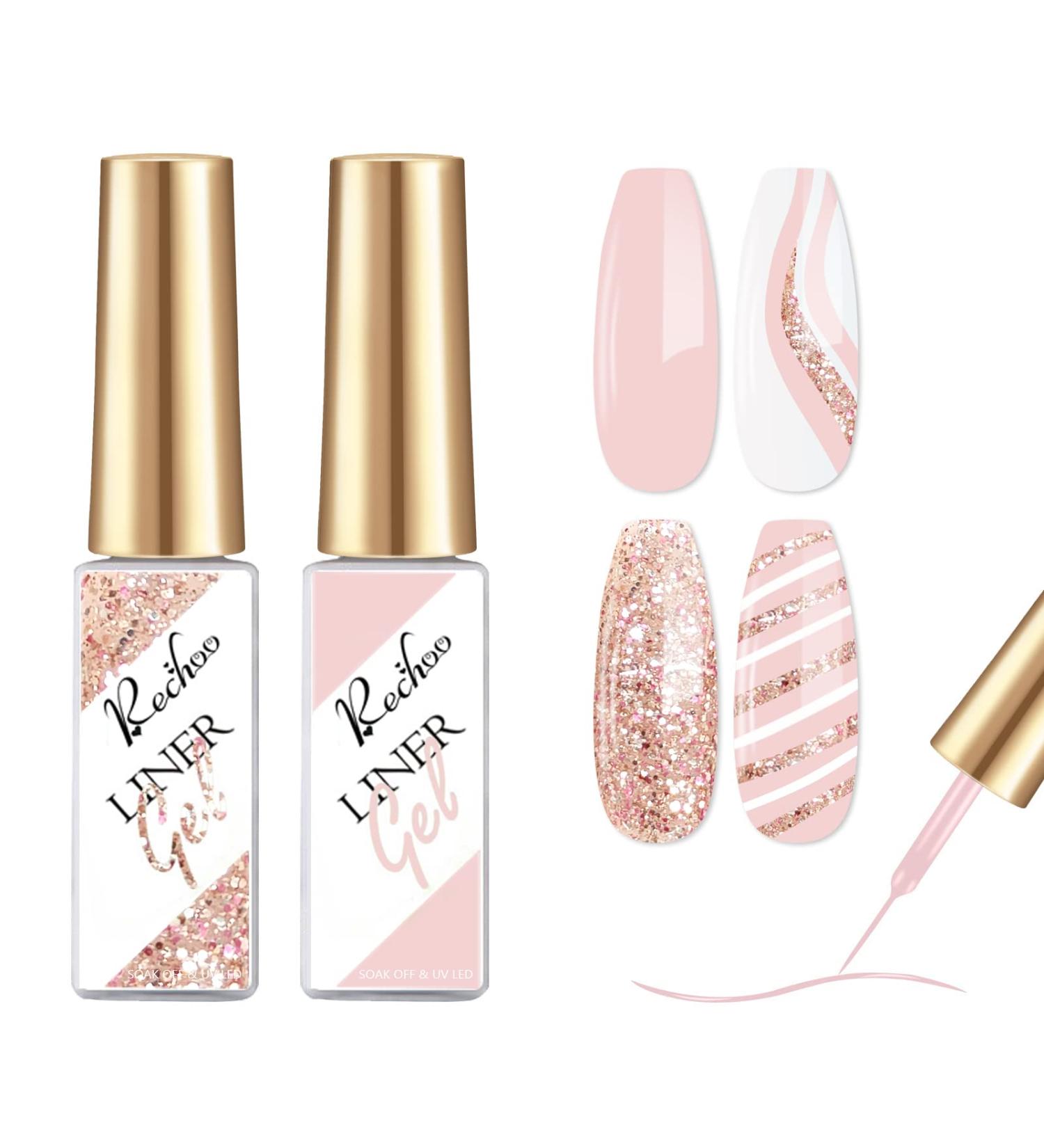 Rechoo Gel Liner Nail Art Set - Pink & Glitter Gel Polish for French Manicure, Drawing, and Painting - Soak Off Formula - Ideal for DIY Home Nail Salon - 2pcs - Buy Online on GoSupps.com