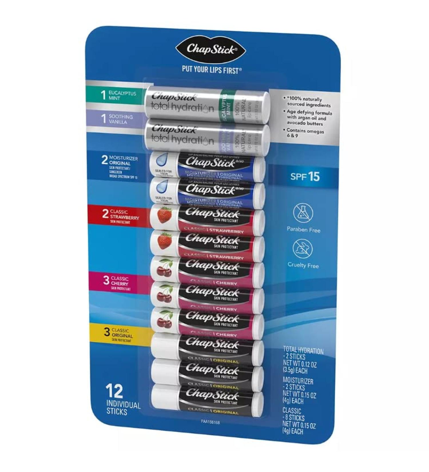 Chapsticks Variety Pack: Classic Original, Cherry, Strawberry Lip Moisturizer - 12 Count - Buy Online on GoSupps.com