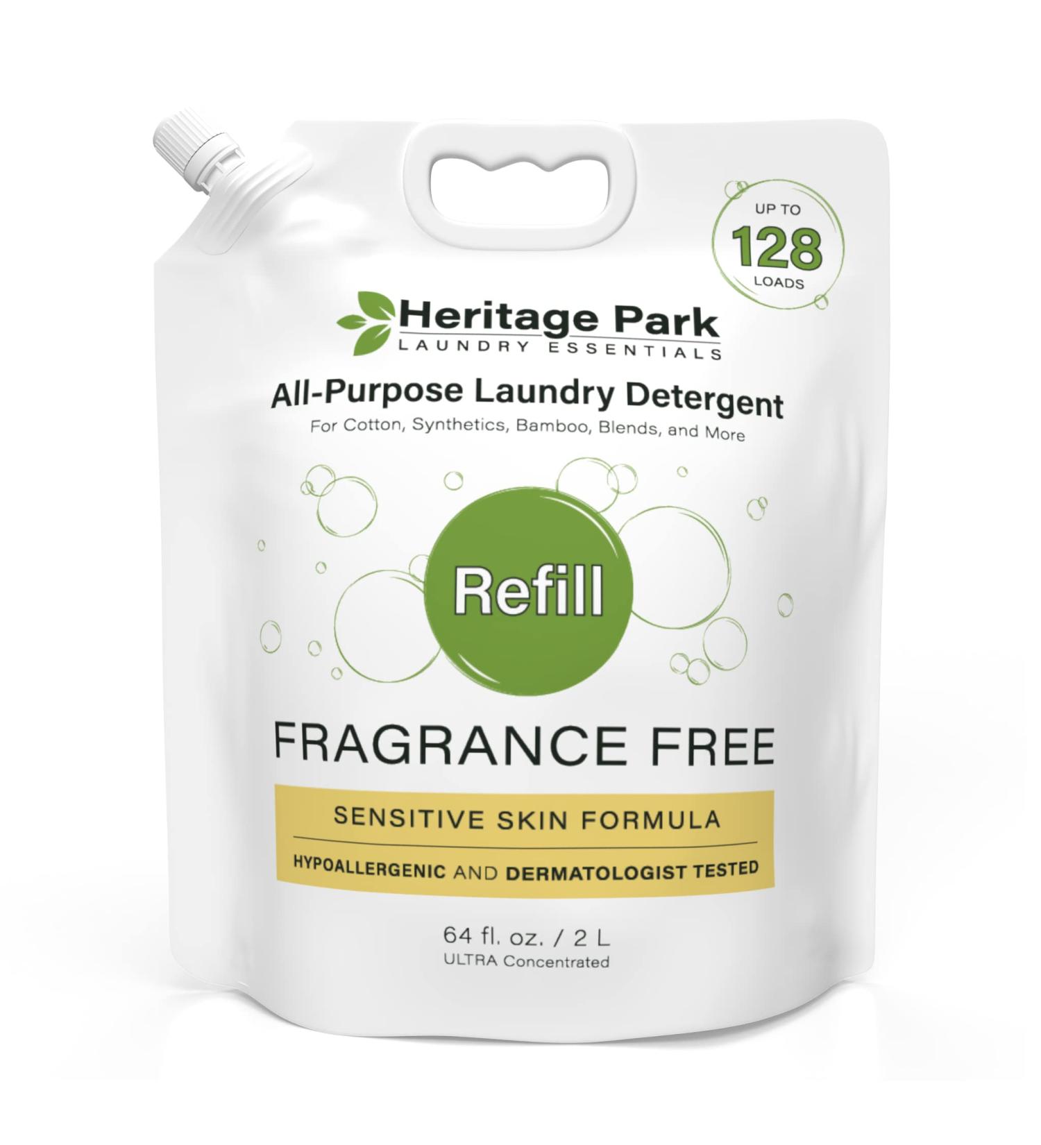 Heritage Park Fragrance-Free Laundry Detergent - Hypoallergenic & pH-Neutral 3x Concentrated Refill Pouch for Sensitive Skin - Stain-Fighting Enzymes (64 fl oz - Buy Online on GoSupps.com