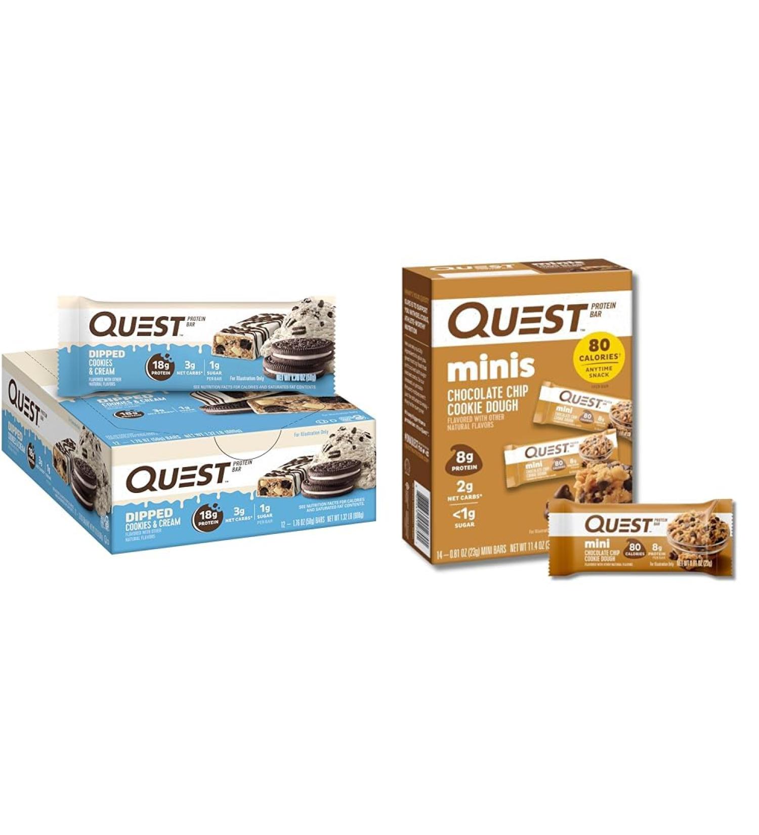 Quest Dipped Cookies & Cream and Mini Chocolate Chip Cookie Dough Protein Bars High Protein Low Carb 12 and 14 Count