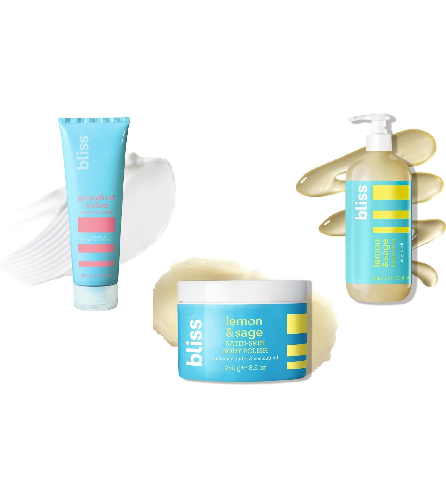 Bliss Grapefruit & Aloe Body Butter Lemon & Sage Body Scrub and Soapy Suds Body Wash Trio - Ultra-Hydrating Moisturizer Exfoliating Scrub & Refreshing Cleanser for Soft Radiant Skin - Buy Online on GoSupps.com