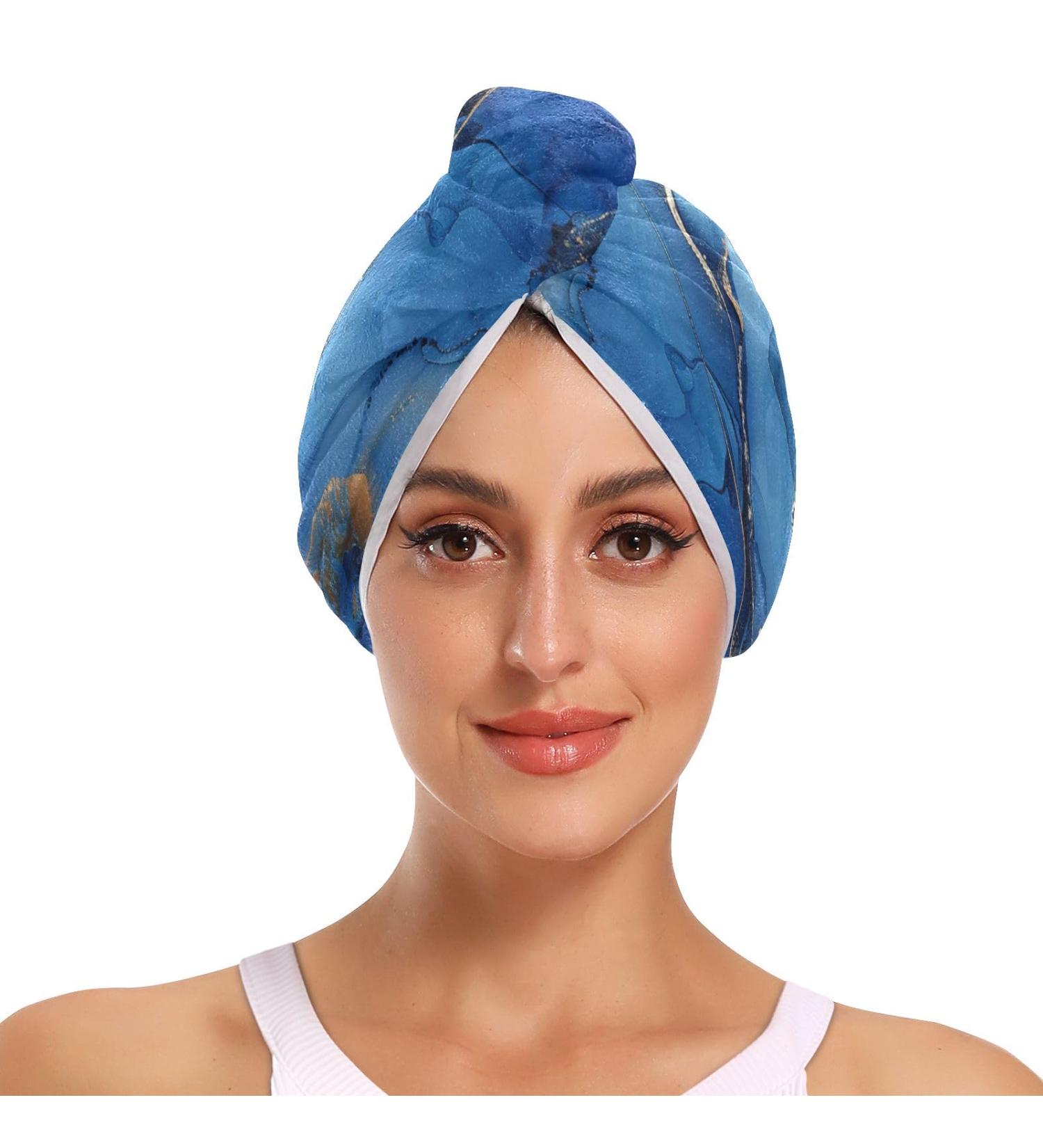Blue & Gold Marble Hair Towel 2 Pack - Super Absorbent Quick Dry Hair Turbans for Women & Girls - Buy Online on GoSupps.com