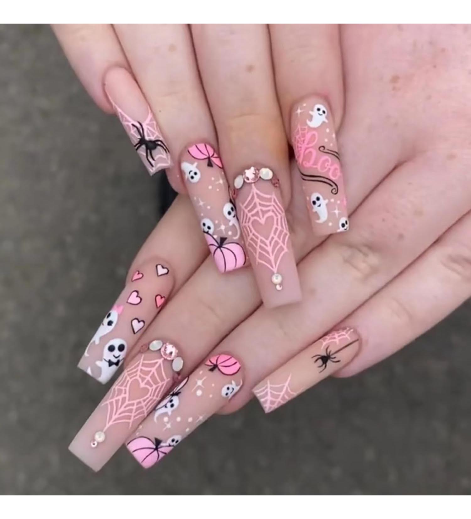 Halloween Press on Nails - Long Square Glue on Nails with Cute Pumpkin & Spider Web Designs | 24 Pcs DIY Ghost Nail Art Decoration for Women - Buy Online on GoSupps.com