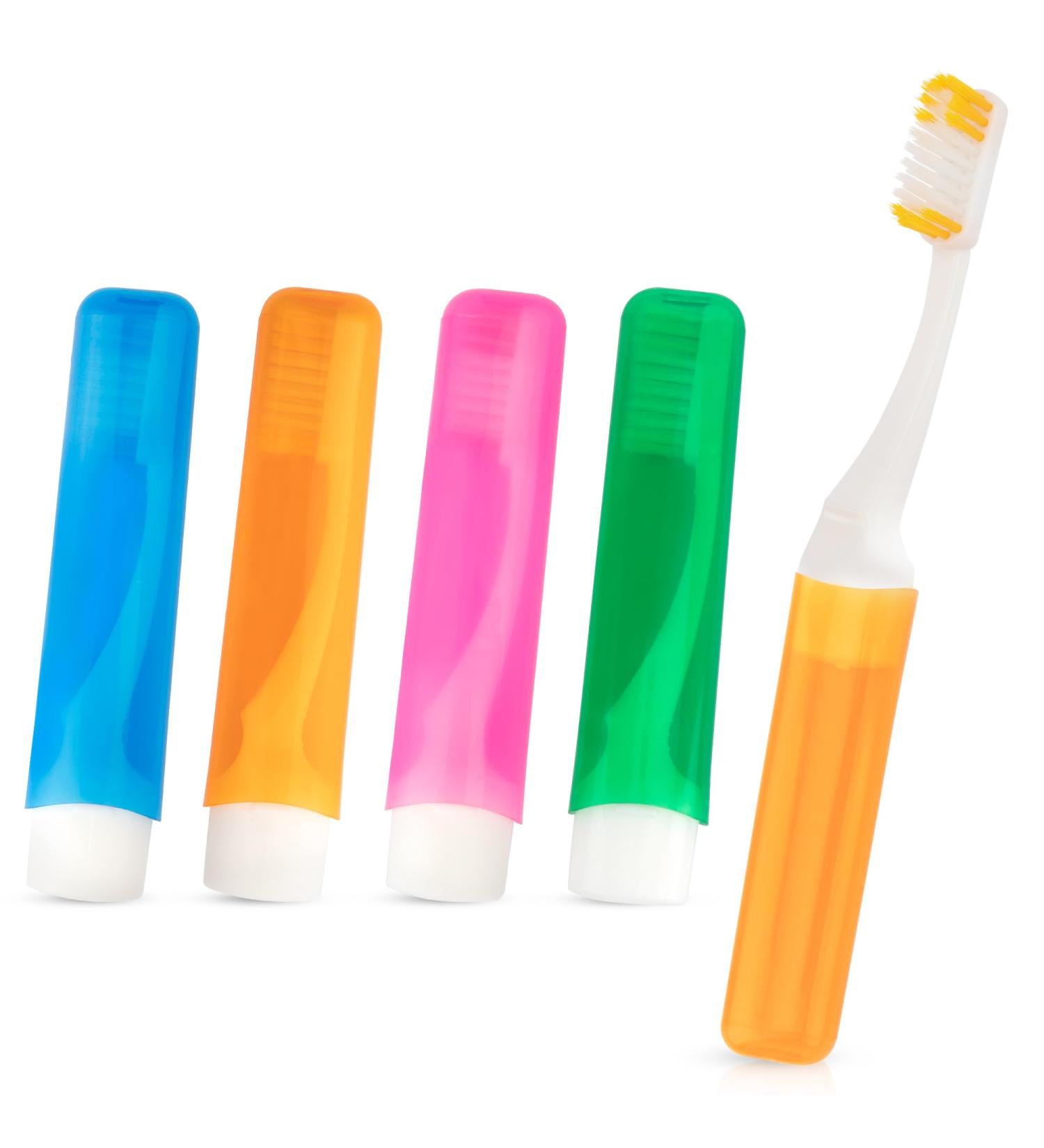 Travel Toothbrush 4 Pack - Mini Soft Folding Toothbrush Set with Case | Portable Travel Size for Camping Hiking & School - Green Blue Orange Pink - Buy Online on GoSupps.com