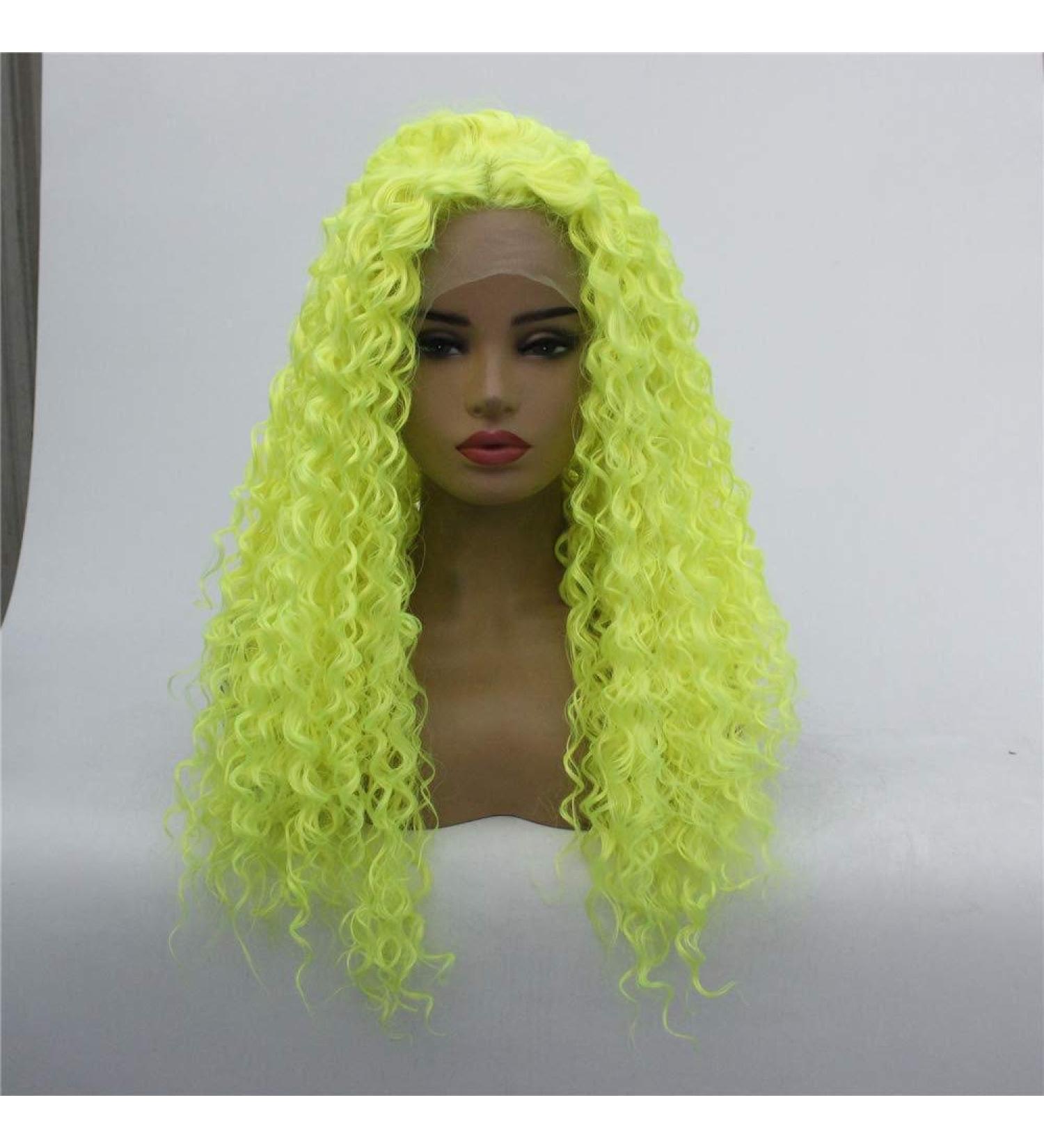 Buy Fluorescent Yellow Medium-Length Curly Lace Front Wig - Fluffy Small Volume Chemical Fiber Hair for Ladies - International Shipping Available - Buy Online on GoSupps.com