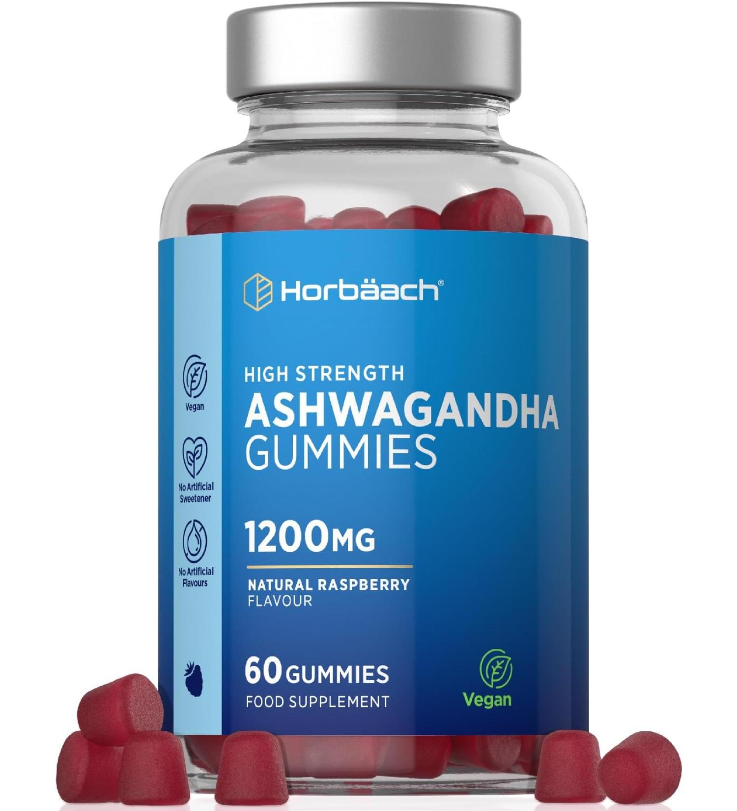 Ashwagandha Gummies 1200mg | 60 Vegan Gummies | with 5% Withanolides | Natural Raspberry Flavour | by Horbaach - Buy Online on GoSupps.com