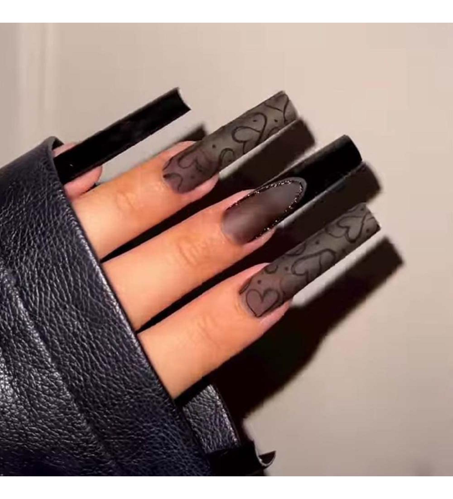 Black Press on Nails Long Coffin | Matte Heart Design | 24 Pcs Reusable Square Acrylic Fake Nails for Women | Perfect for Weddings & Christmas - Buy Online on GoSupps.com