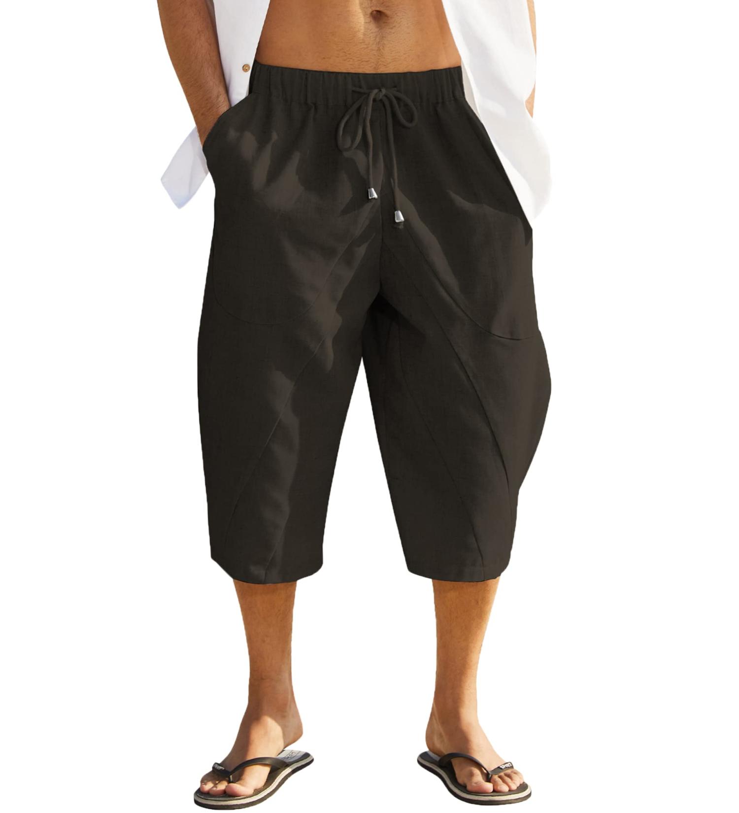 COOFANDY Men Cotton Linen Capri Pants - Drawstring Baggy Harem Yoga Beach Pants, Dark Brown - Buy Online on GoSupps.com