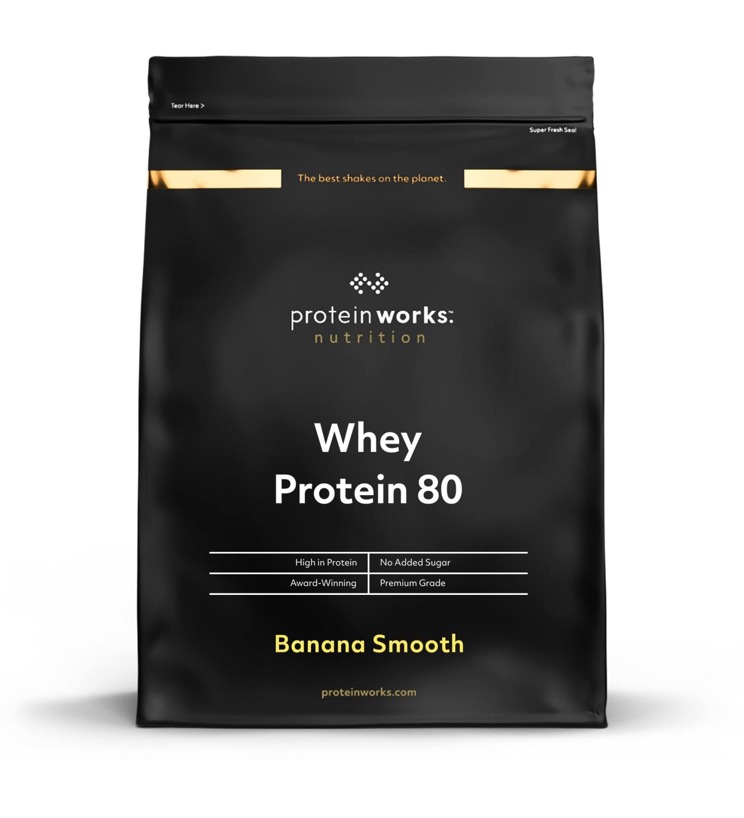 Whey 80 Protein Powder Banana Smooth | Premium Protein | Low Sugar | 1kg | Proteinative by The Protein Works - Buy Online on GoSupps.com
