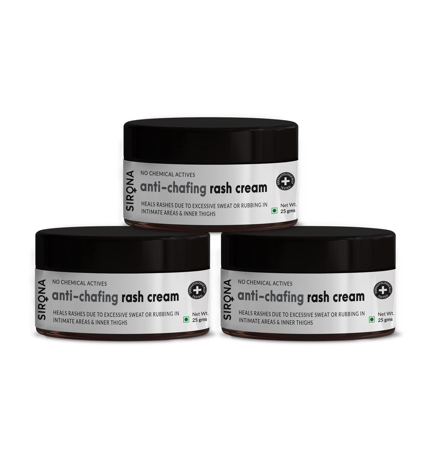 Sirona Natural Anti Chafing Rash Cream - 25gm (Pack of 3) | Skin Healing Formula with 5 Magical Herbs | Soothes and Prevents Rashes from Sanitary Pads, Heavy Thighs, Sports, and Running - Buy Online on GoSupps.com