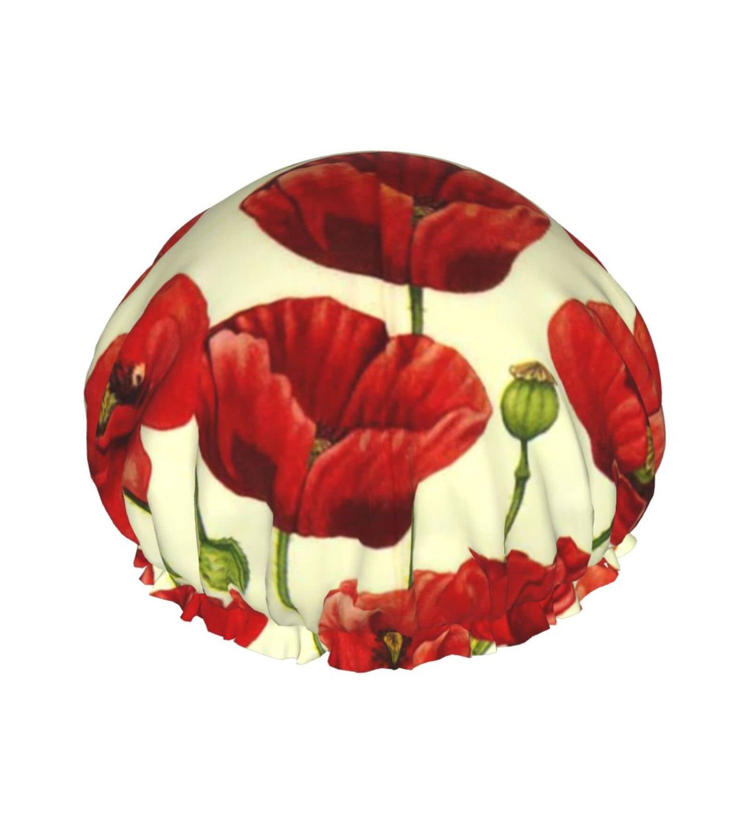 Red Poppy Printed Shower Cap - Waterproof Bath Cap for Women - One Size Fits All - Buy Online on GoSupps.com