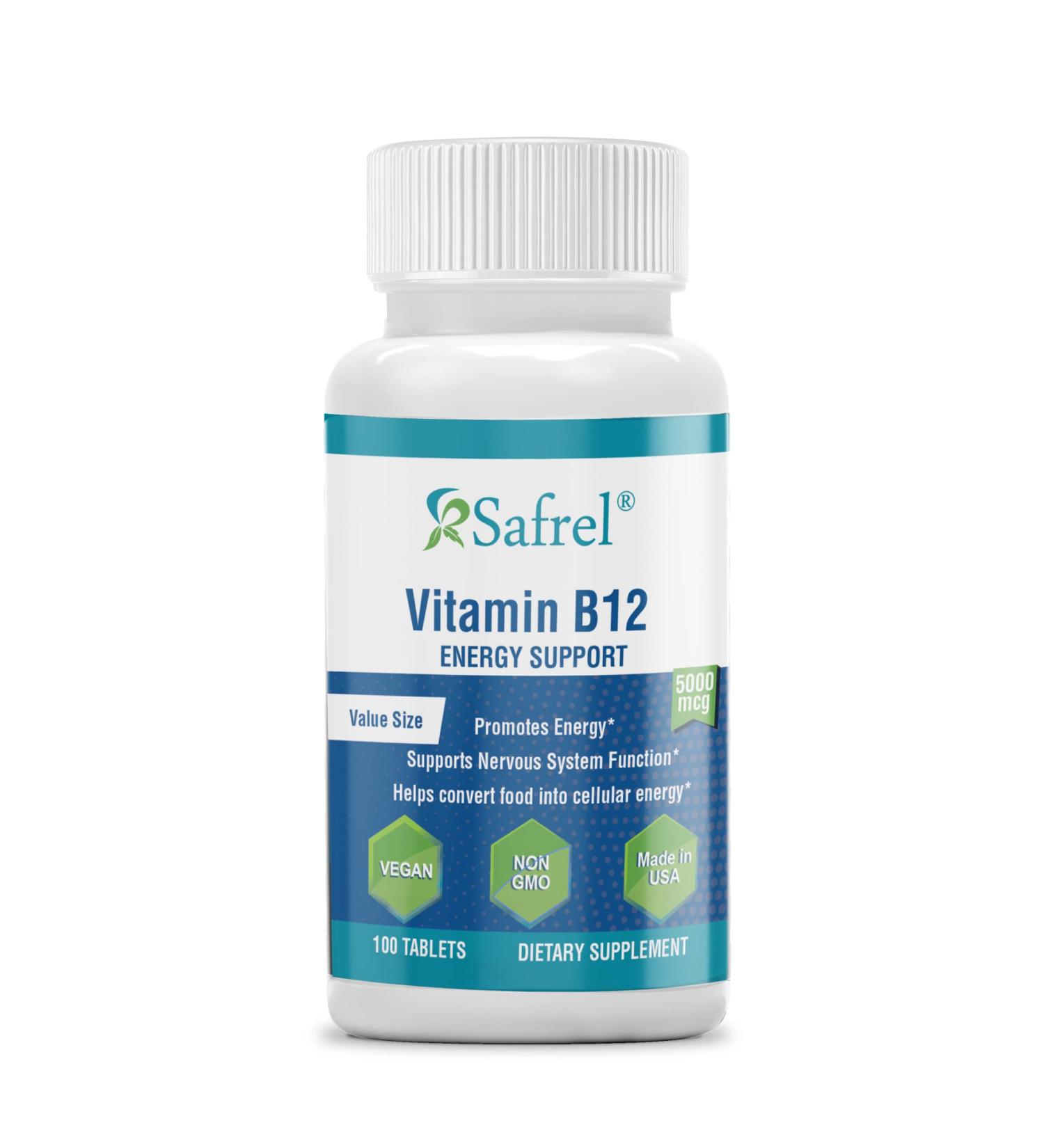 Safrel Maximum Strength Vitamin B12 5000 mcg Dietary Supplement for Energy Metabolism and Nervous System Health Support Kosher Vegan Gluten Free and Dye Free | Made in USA | 200 Days Supply