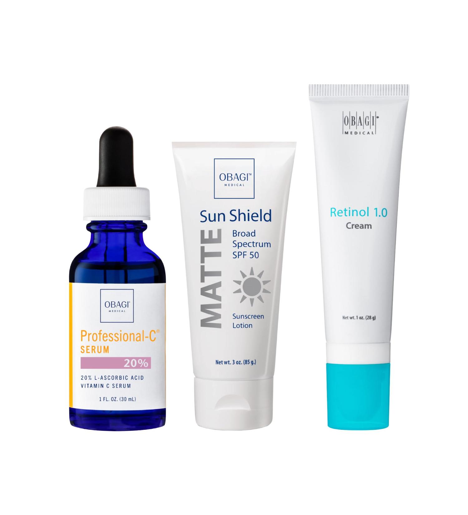 Obagi Skincare Essentials Set | Professional-C Serum Sun Shield SPF 50 360 Retinol Cream - Best International Shipping - Buy Online on GoSupps.com