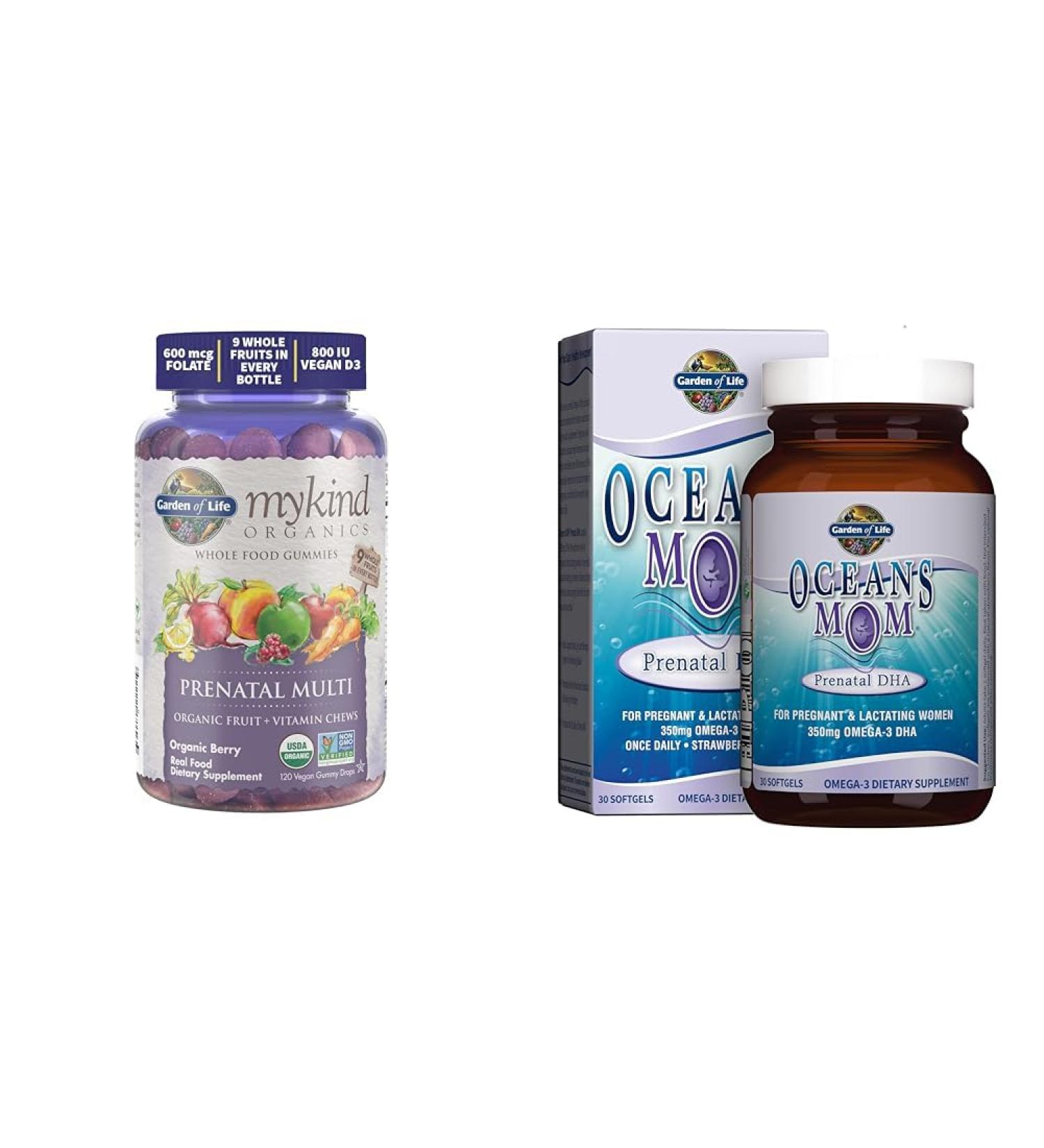 Garden of Life Organics Prenatal Gummies Multivitamin with Vitamin D3 B6 B12 & Oceans Mom Prenatal Fish Oil DHA Omega 3 Fish Oil Supplement - Strawberry 350m - Buy Online on GoSupps.com