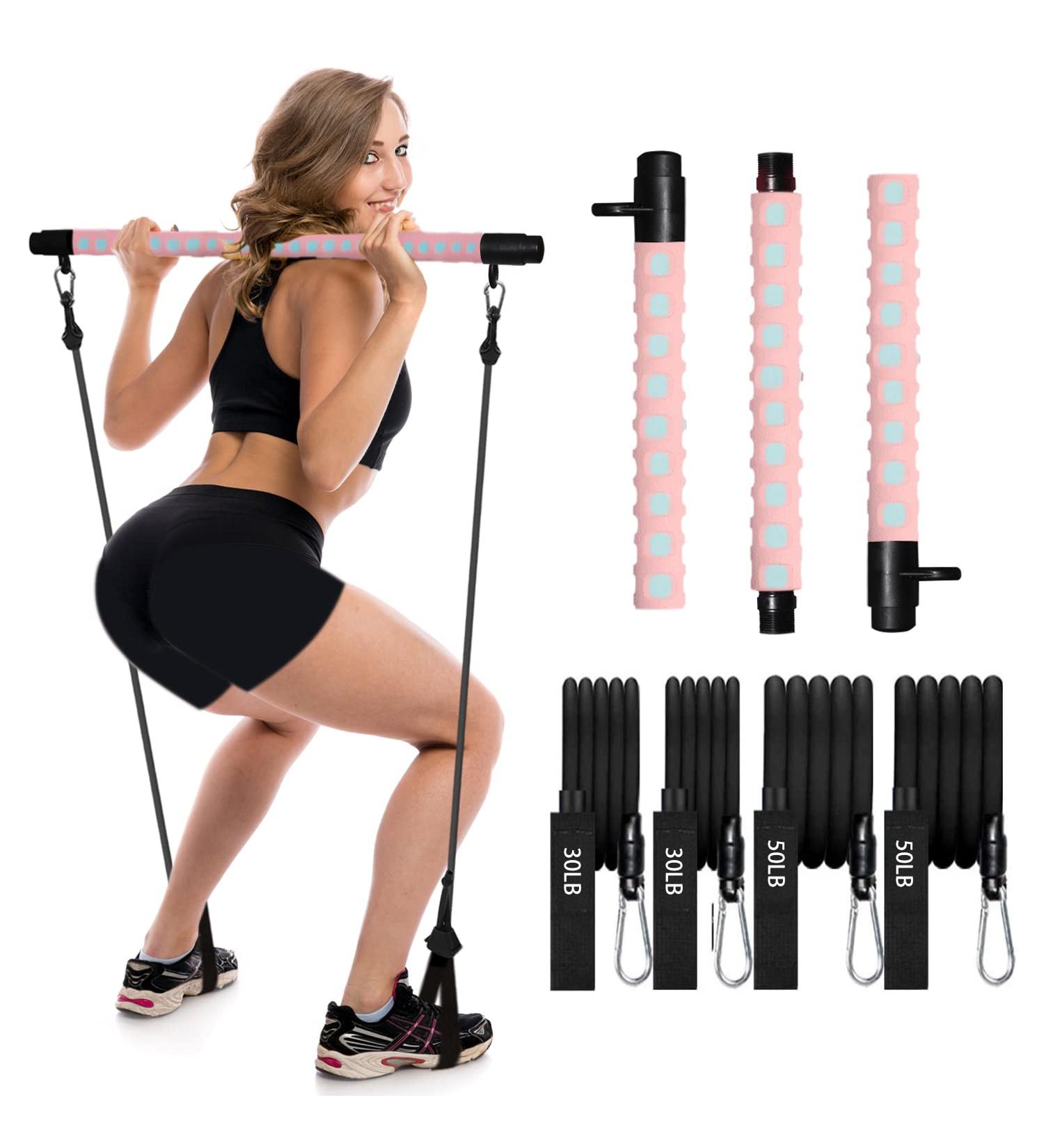Adjustable Pilates Bar Kit with 4 Resistance Bands - Portable Pilates Bar Stick for Home Workout & Gym Fitness | Pink - Buy Online on GoSupps.com