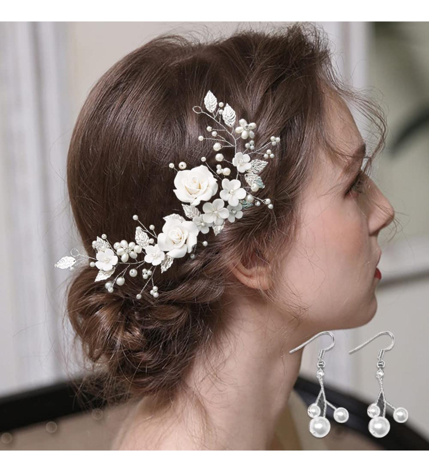 Flower Bride Headband Pearl Rhinestones Headpiece Leaf Crystal Hair Vine Silver Hair Band Wedding Headdress Bridesmaid Hair Accessories for Women Gift Evening Prom Party (silver) - Buy Online on GoSupps.com