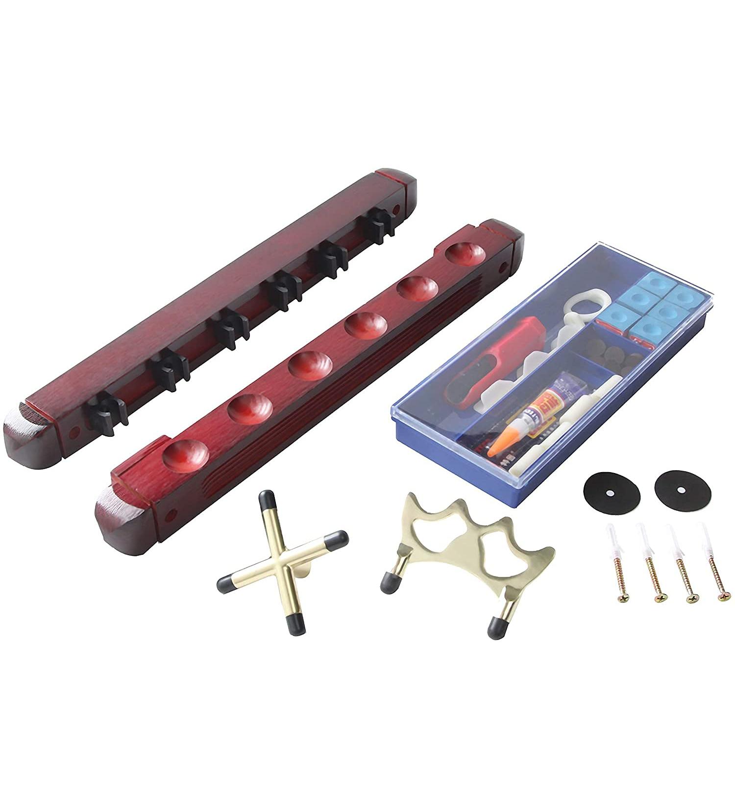 Wooden Cue Rack Set with Billiard Balls, Triangle Ball Rack, Diamond Rack, Chalks, and Spot Stickers - Pool Table Accessories - Buy Online on GoSupps.com