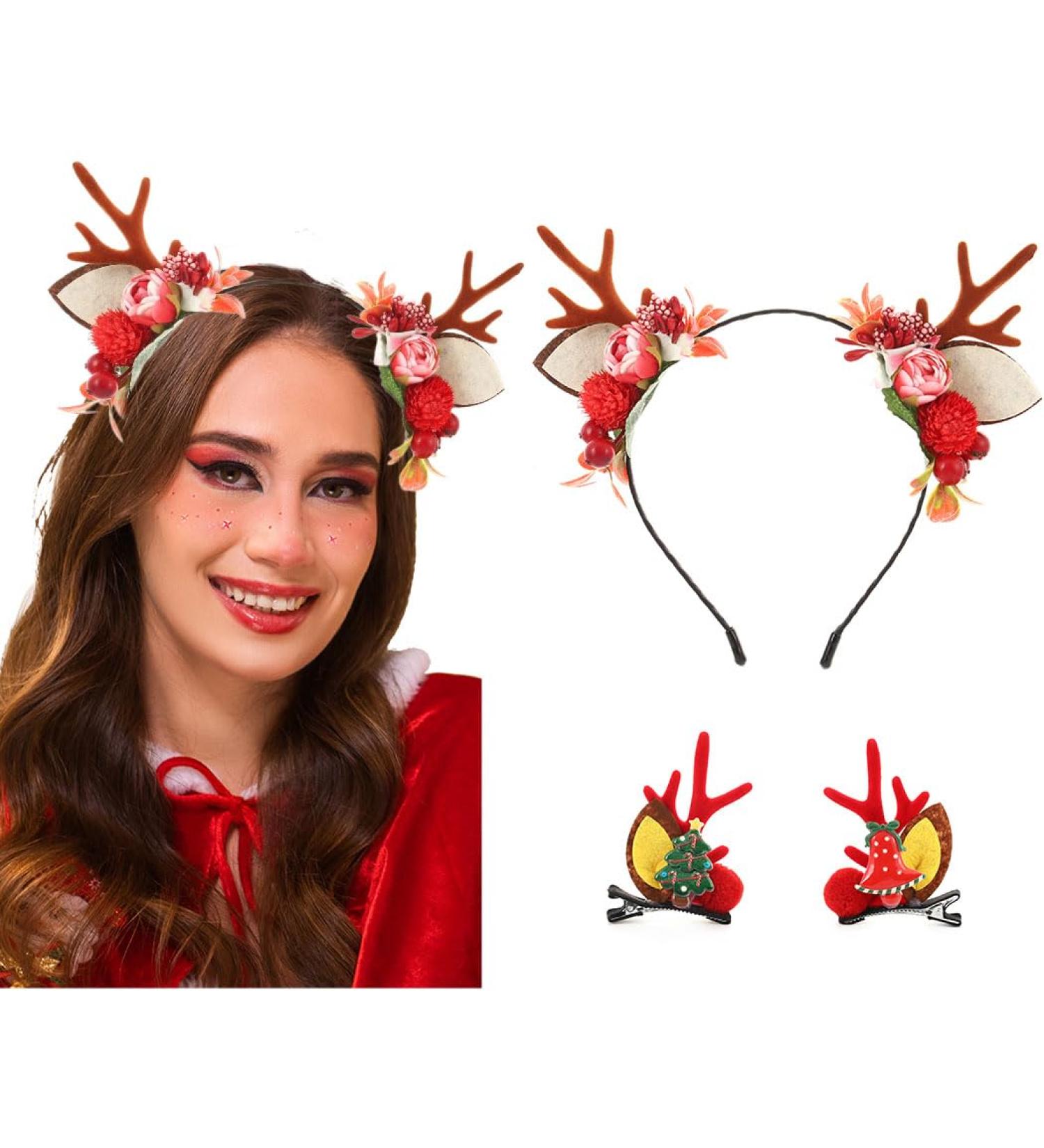 IYOU Christmas Headbands Set Reindeer Antlers Red Hair Band Flower Hair Clips Party Xmas Hair Accessories for Halloween Cosplay - Buy Online on GoSupps.com