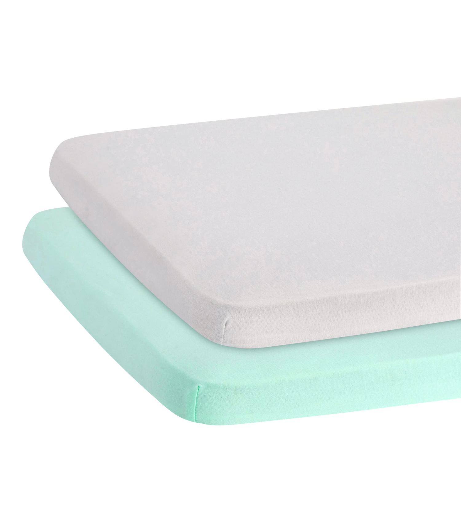 TILLYOU 2 Pack Mini Crib Sheets - Stretchy Jersey Knit Fitted Sheets for Portable Mini Crib, Play Yard, Playpen - Light Green & Light Gray - Boy/Girl Bedding - 24x38x5 Inch (Pack of 2) - Buy Online on GoSupps.com