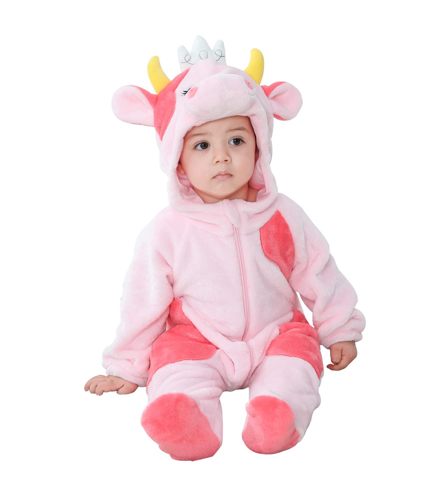 Doladola Baby Hooded Cartoon Animal Romper | Pink Cow Onesie 6-12 Months - Buy Online on GoSupps.com
