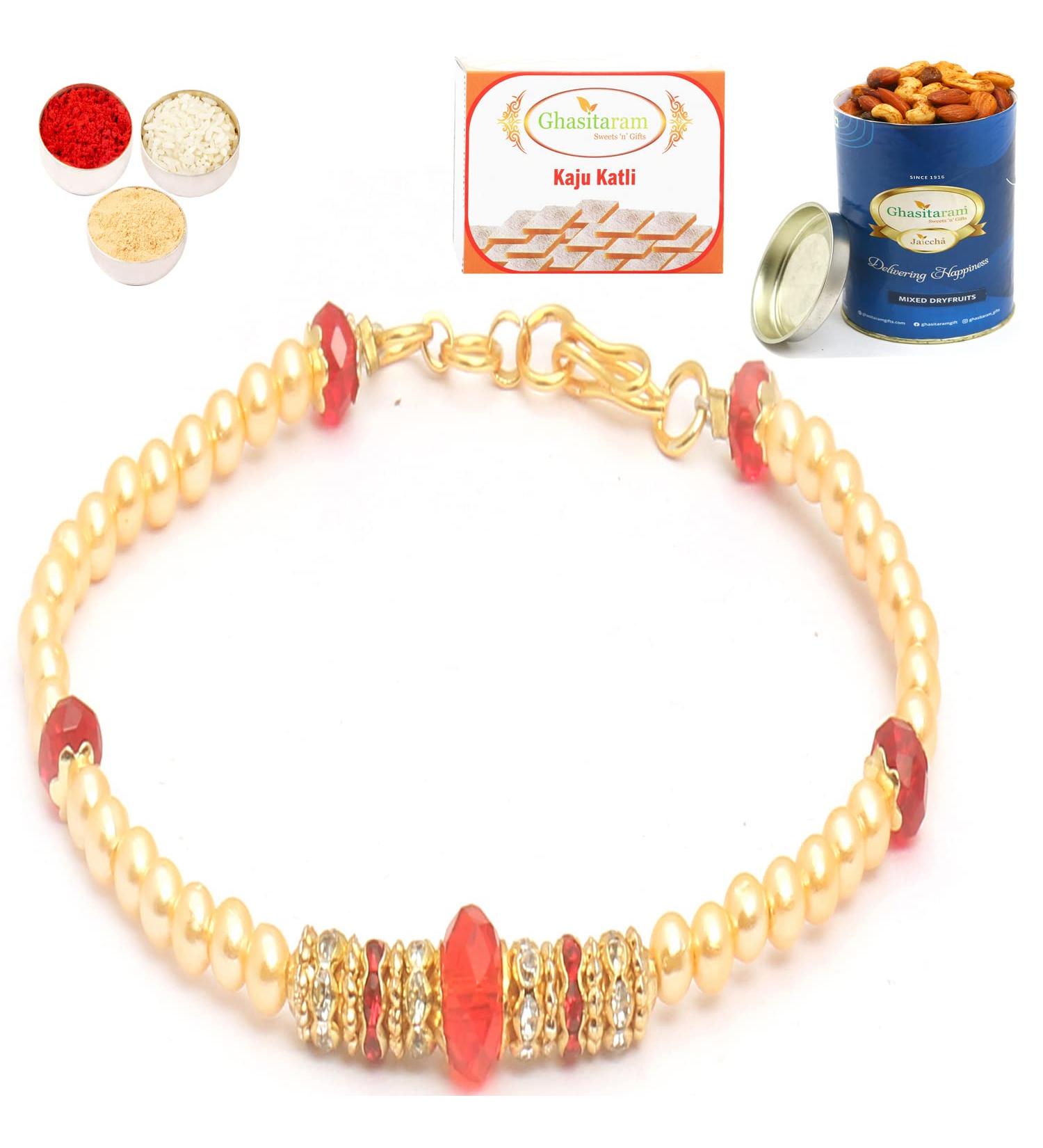 Ghasitaram Gifts Rakhi for Brother Rakhis Online Red Pearl Bracelet Rakhi with 100 GMS of Dryfruits Mix Can 200 GMS of Kaju katli Rakhi & 100g Dryfruits Mix Can 200g Kaju katli - Buy Online on GoSupps.com