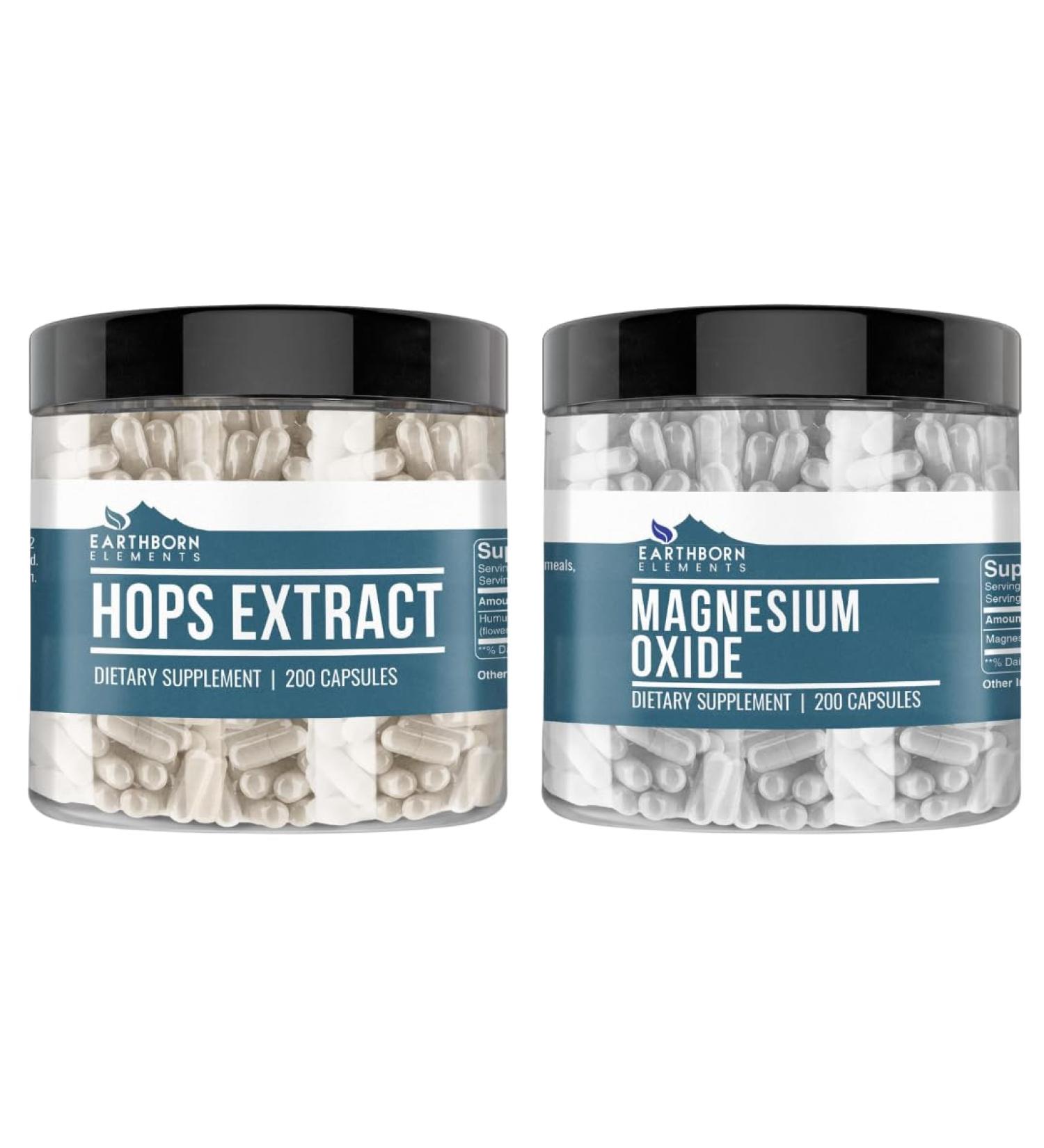 Earthborn Elements Magnesium Oxide and Hops Bundle - 200 Capsules Each - Pure, Undiluted, No Additives - Buy Online on GoSupps.com