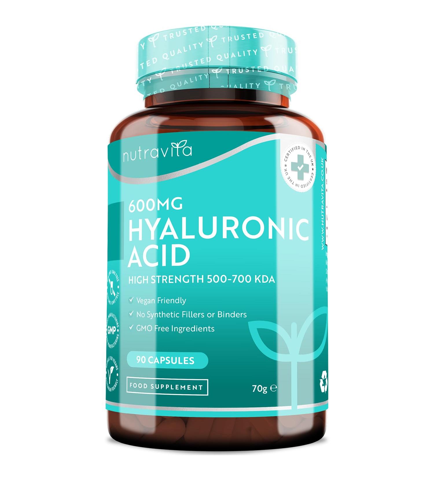 Hyaluronic Acid Capsules - 3 Month Supply | 600mg High Dose | GMO Free - No Fillers or Binders | Made in UK by Nutravita - Buy Online on GoSupps.com