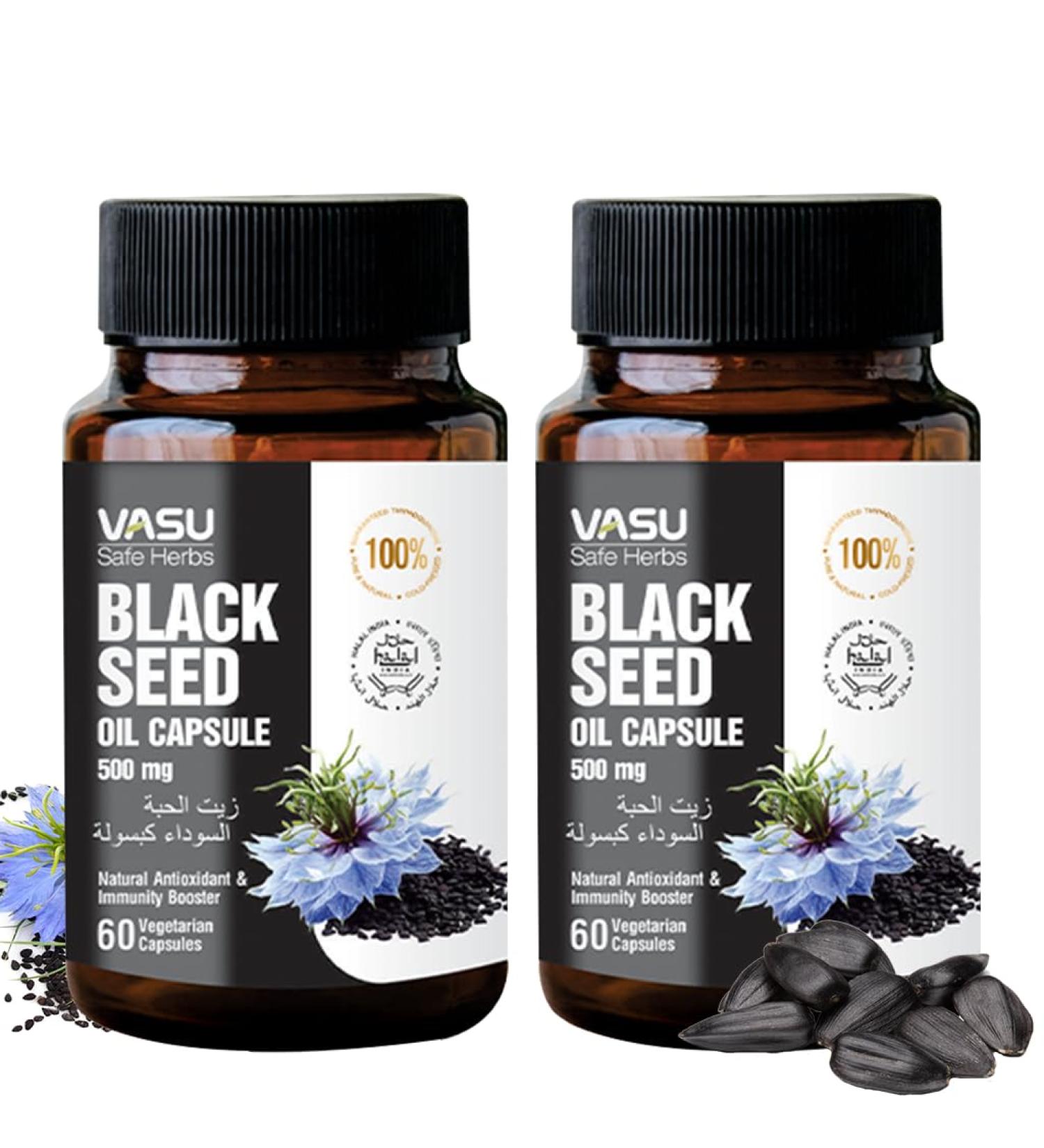 Vasu Safe Herbs Black Seed Oil Capsules 120 Softgels - Black Seed Oil Cold Pressed Nigella Sativa Kalonji 500mg Herbal Wellness with Omega 3 6 9 Non-GMO Gluten-Free Vegan - Buy Online on GoSupps.com