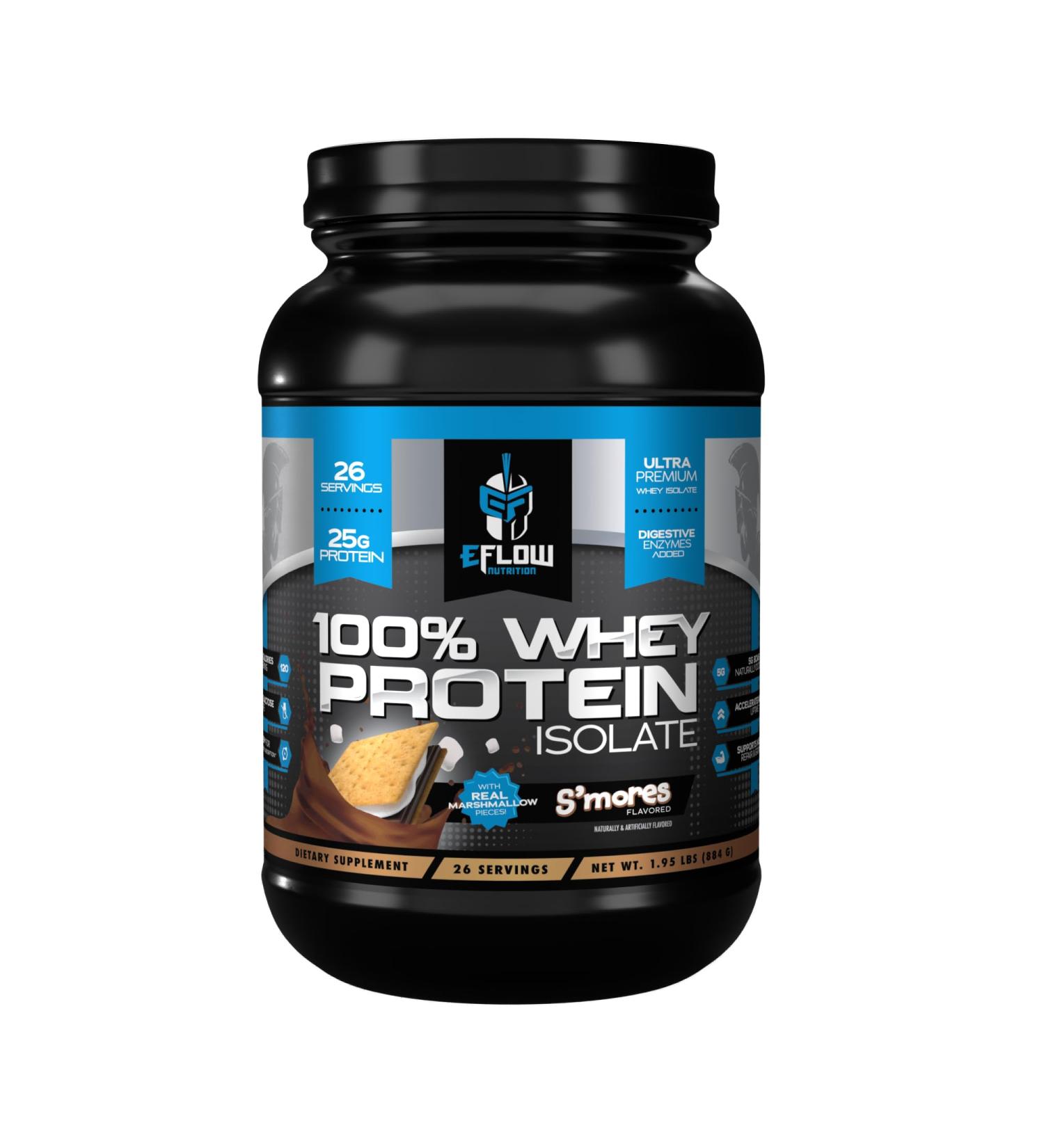 eFlow Nutrition 100% Whey Protein Isolate - Gluten & Lactose-Free Low Carb Post Workout Shake with Digestive Enzymes - S Mores Flavor (26 Servings - Buy Online on GoSupps.com