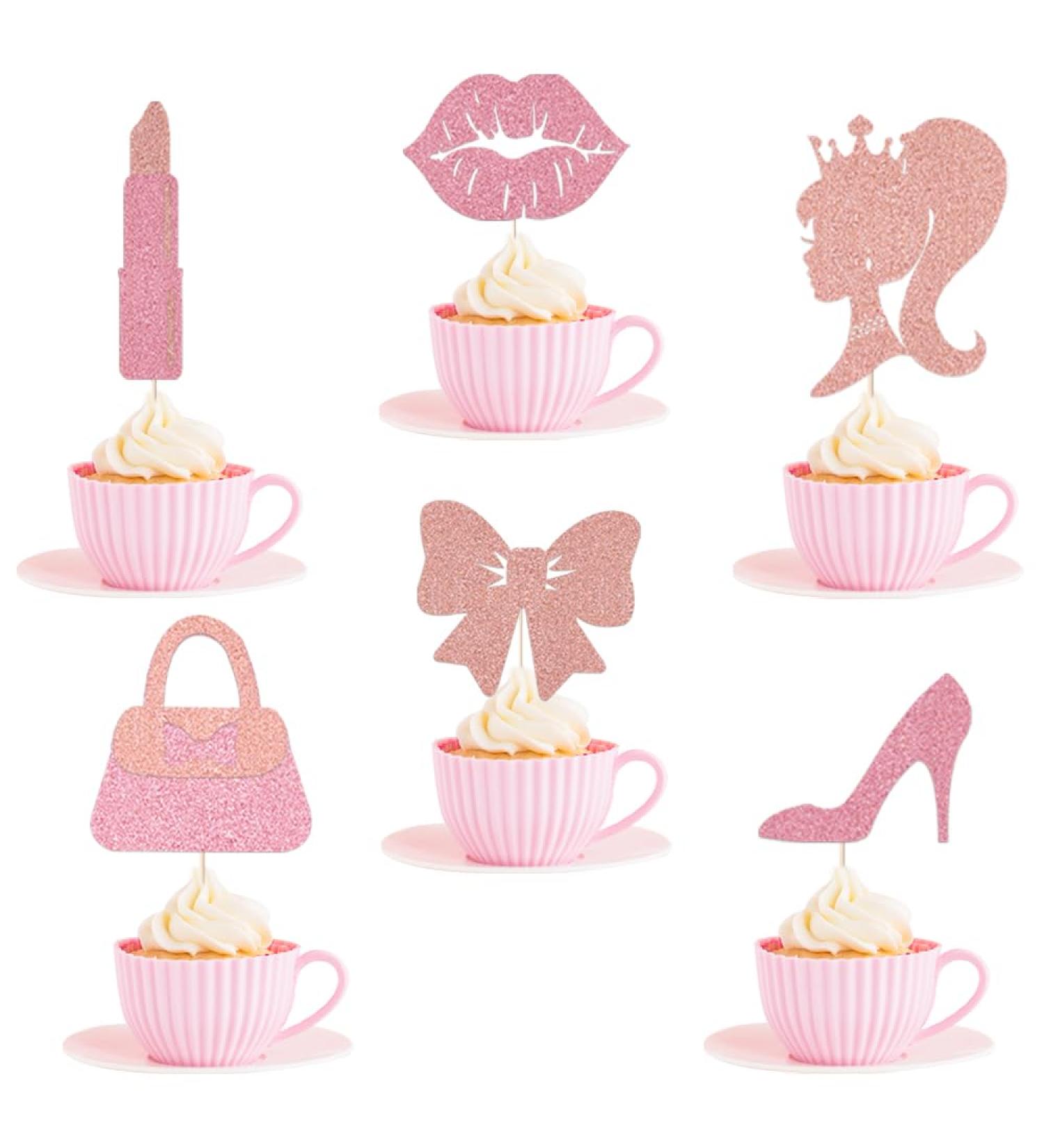 24 PCS Hot Pink Girl Cake Toppers - Glitter Princess Birthday Cupcake Decorations - High Heel Lipstick bowknot Cupcake Picks for Wedding Baby Shower Anniversary Girl Birthday Themed Party Supplies - Buy Online on GoSupps.com