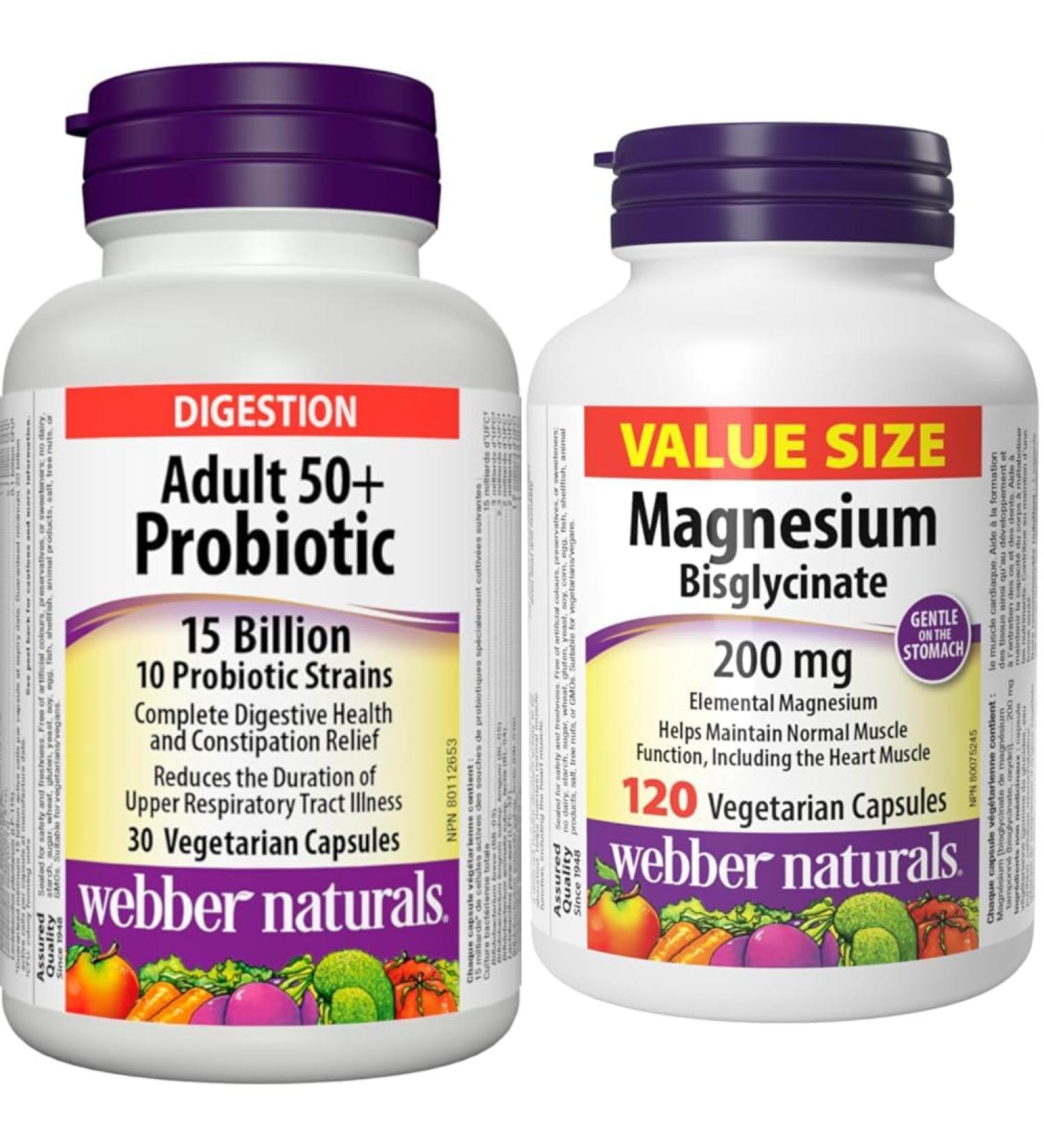 Webber Naturals Probiotic Adult 50+ 15 Billion Active Cells 10 Probiotic Strains 30 Capsules For Digestive Health and Constipation Relief Vegan & Magnesium Bisglycinate 200 mg 120 Capsules Vegan SUPPLEMENT + SUPPLEMENT s1101ed23 - Buy Online on GoSupps.com