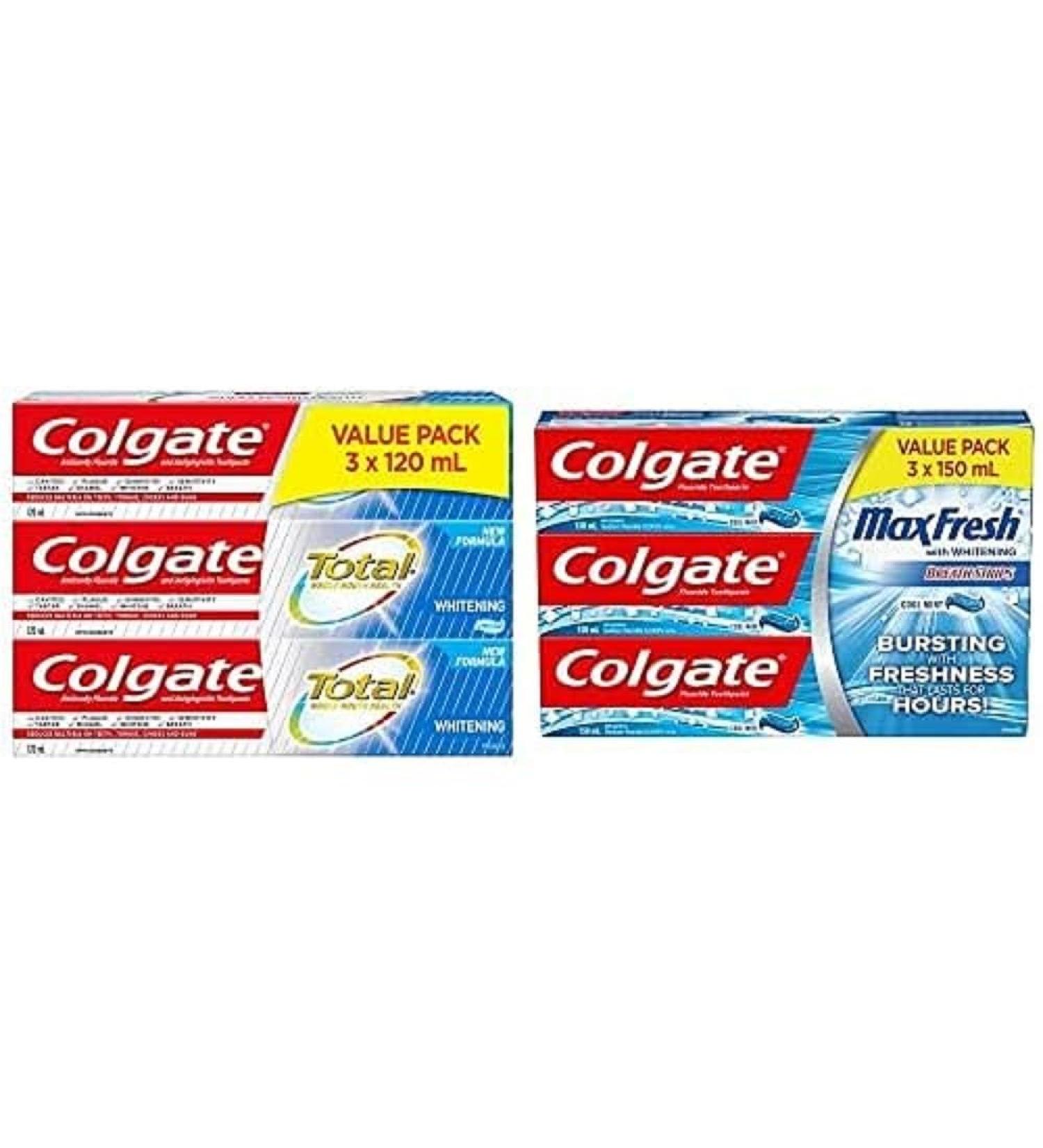Colgate Total Whitening Toothpaste 120 mL 3 Pack + Colgate MaxFresh Whitening Fluoride Gel Toothpaste Cool Mint 150 Milliliters 3 Count w/ Cool Mint 150 Milliliters